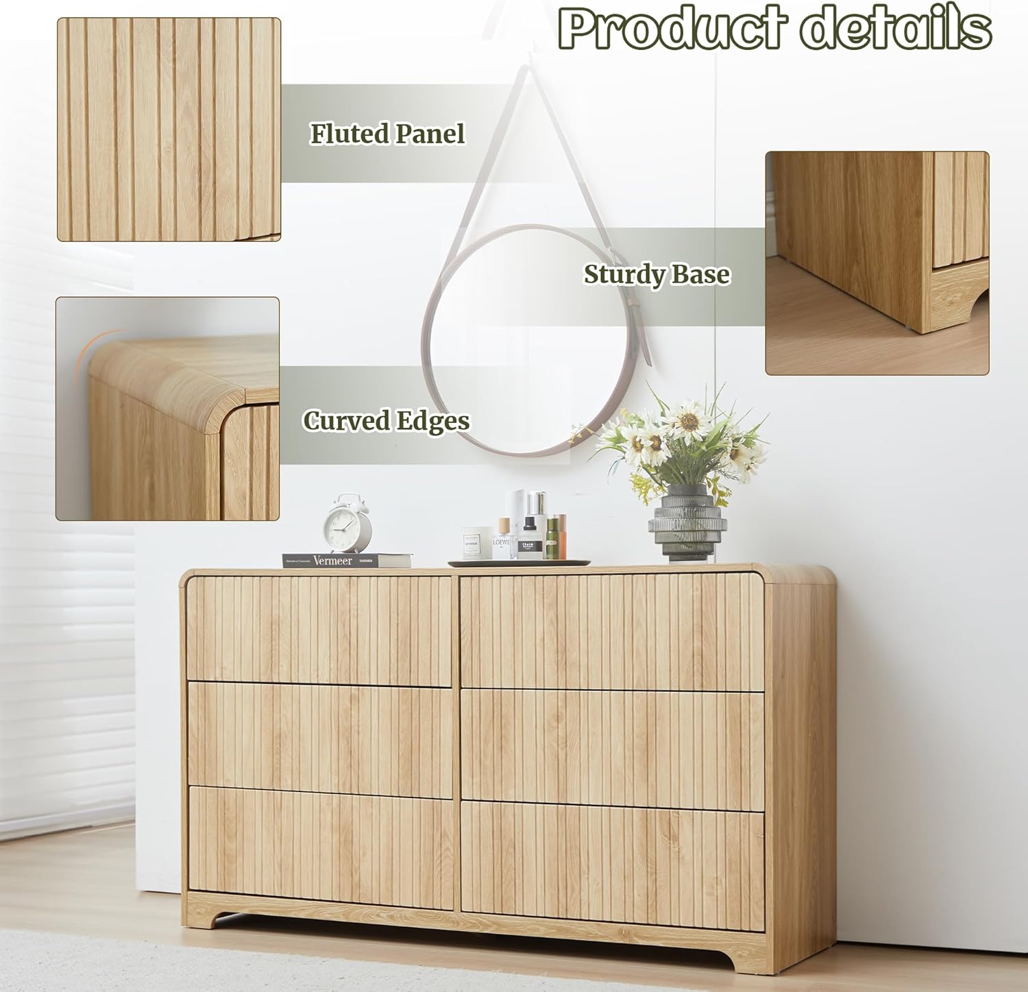 Fluted 6 Drawers Dresser for Bedroom, 53" Wide Mid Century Modern Chest of Drawer with Curved Profile Design, Large Double Wood Dresser for Living Room Natural 15.8"D x 53"W x 30.7"H (6 Drawers)