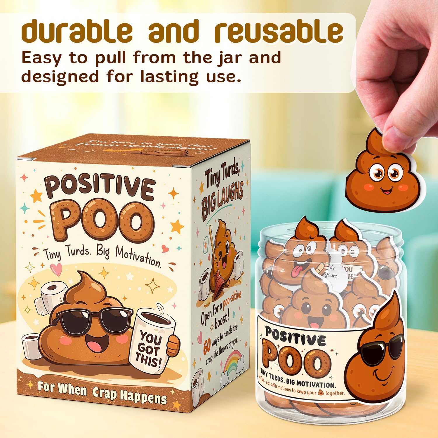 Funny Positive Poo Affirmation Cards Jar - Funny Fathers Day Gag Gift for Men, Brother, Teens, Coworkers, Best Friend - Poop Emoji Gifts - Poop Gifts - Emotional Support Poo