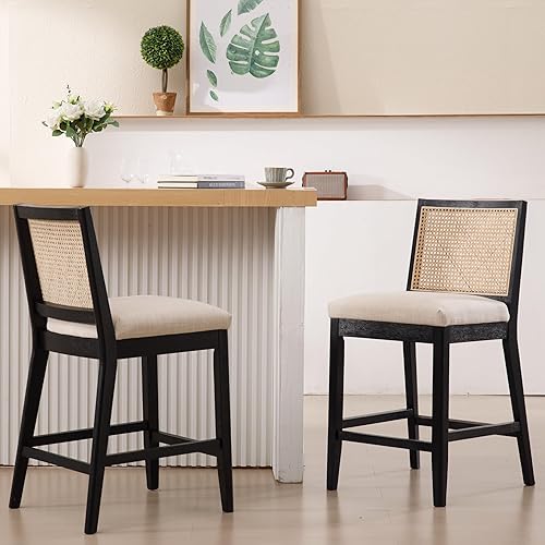 Juego de 2 taburetes de bar de ratán de 26.5 pulgadas, modernos taburetes de bar tapizados de tela de lino, taburetes de bar de isla de cocina con