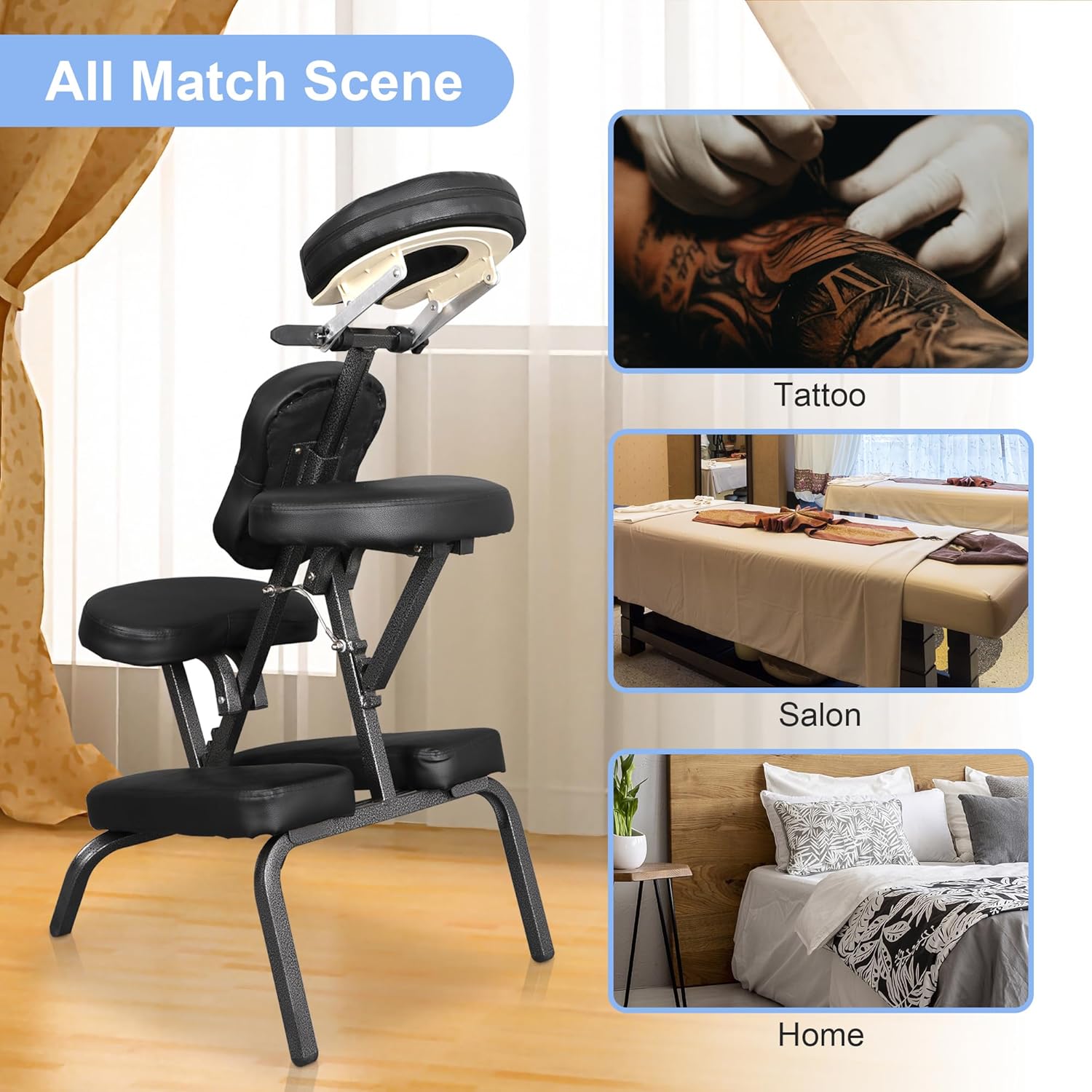 HomGarden Portable Massage Chair Foldable Salon Massage Chair with Adjustable Face Cradle High-Density Cushion Travel Tattoo Spa with Carrying Bag(Black)