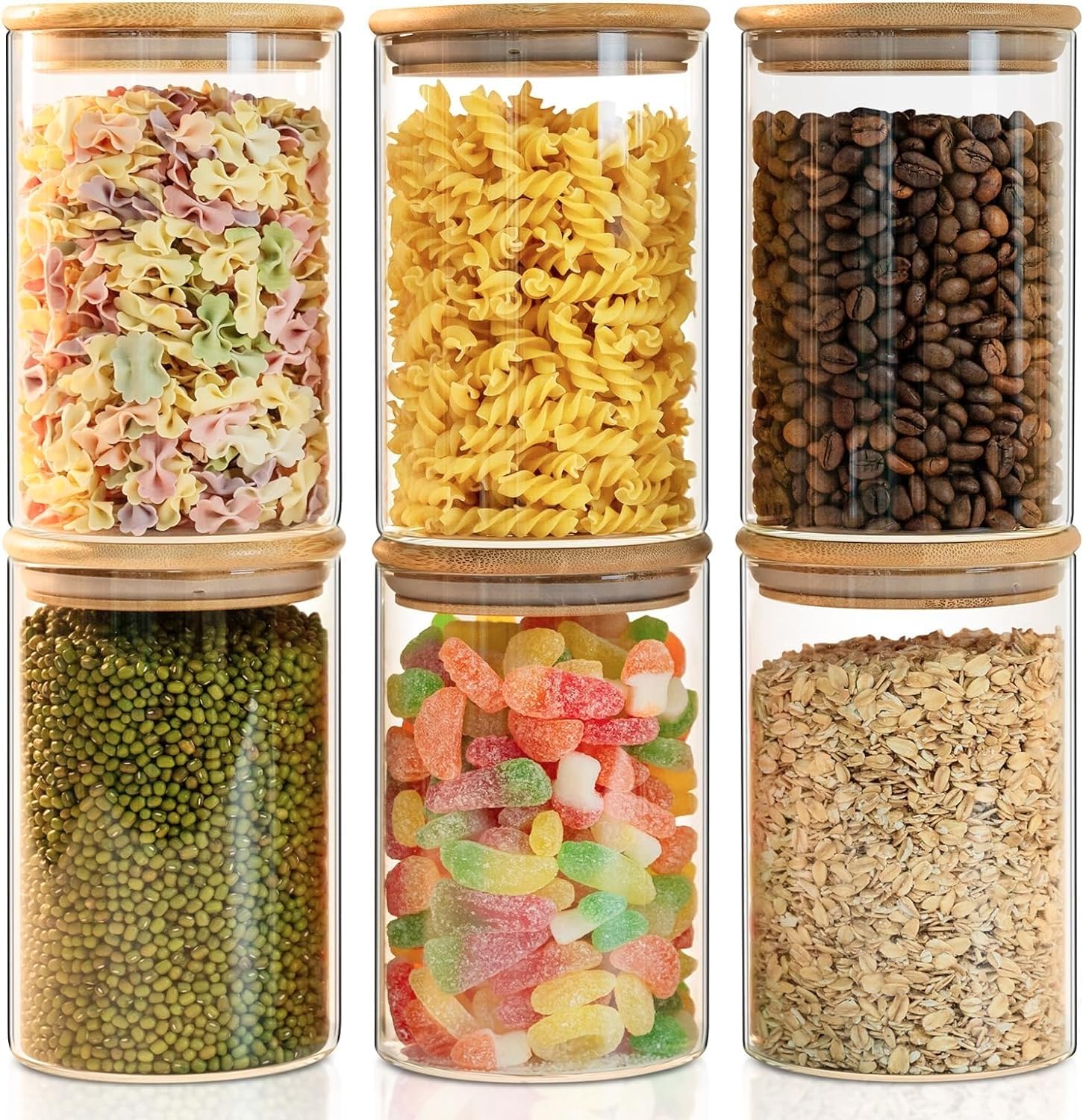 Set of 6 Round 1000ml kitchen storage containers set, glass jar for kitchen storage, glass jars with lid bamboo, Clear Glass Containers for Flour, Sugar, Coffee, Rice container, Candy jar