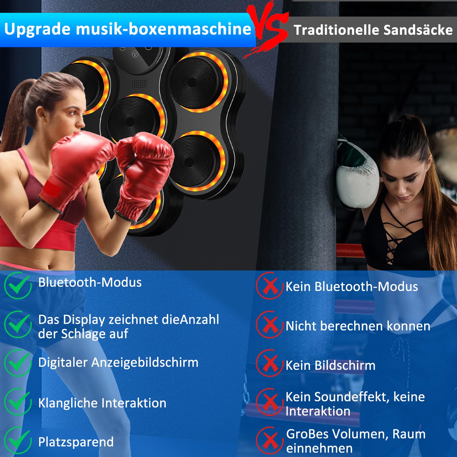 maszynka do boksu z muzyką, maszynka do boksu z Bluetooth, zamontowana na ścianie maszynka do boksu z rękawiczkami bokserskimi dla dorosłych i dzieci, 9 trybów prędkości, 9 regulowanych