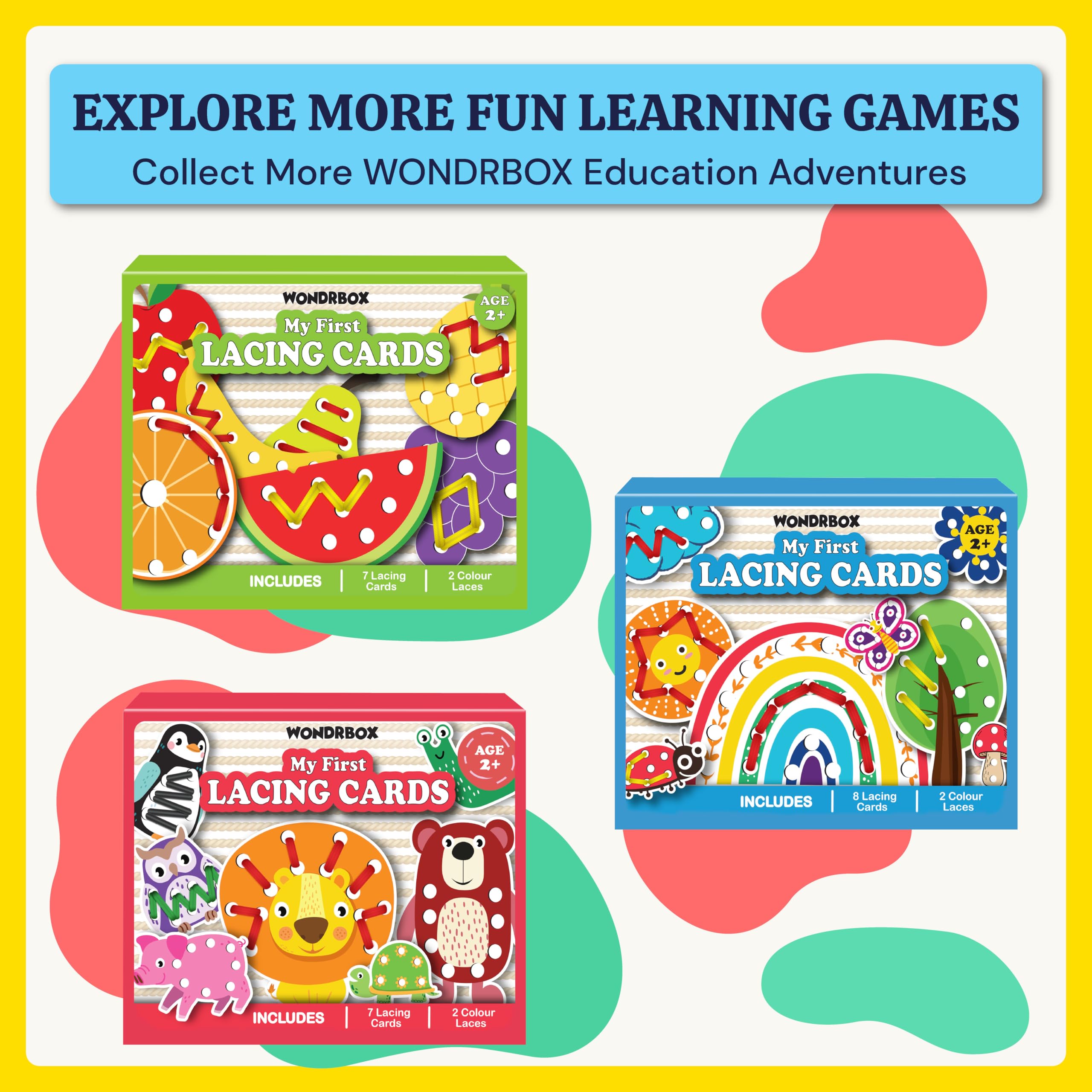 WONDRBOX Montessori Fruit Lacing Cards Activity Educational Toy for Kids Age 2 3 4 Year Old | Autistic, Occupational Therepaist Games | Includes 7 Thick Lacing Cards and 2 Laces 3