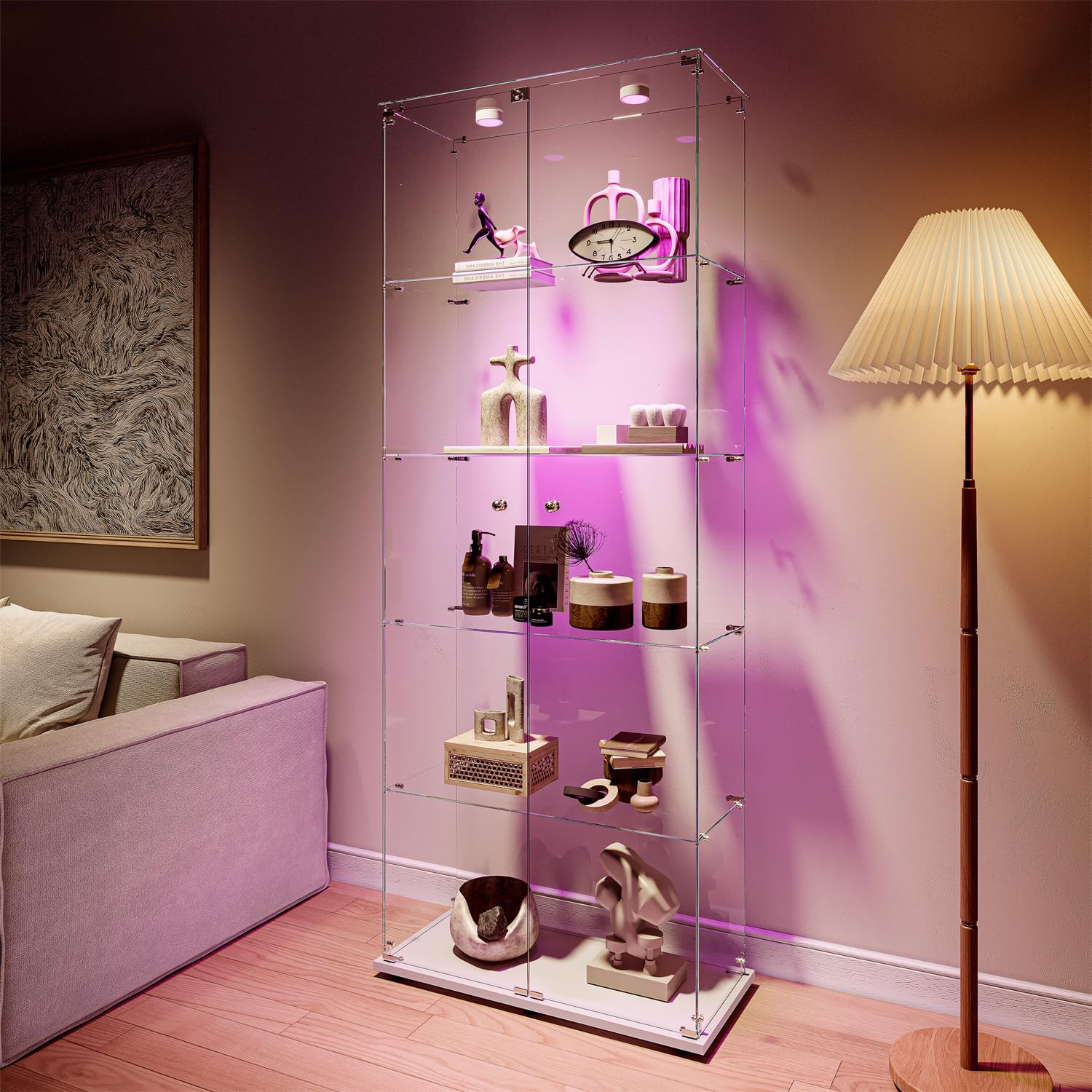 Vetrine in Vetro da Terra con LED,Vetrina Espositiva con 5 Ripiani in Vetro,Vetrinetta Soggiorno Moderna con 2 Porta e Serratura,Vetrina Espositore per Collezionismo,Libri,Vino,Bianco