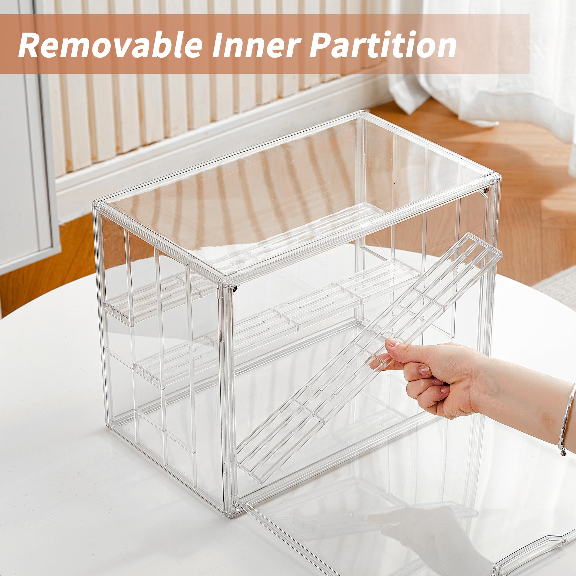 Vitrina acrílica transparente para figuras, estante de exhibición de figuras de 4 capas con 3 placas móviles, caja de exhibición apilable con puerta magnética para coleccionables, paquete de 3