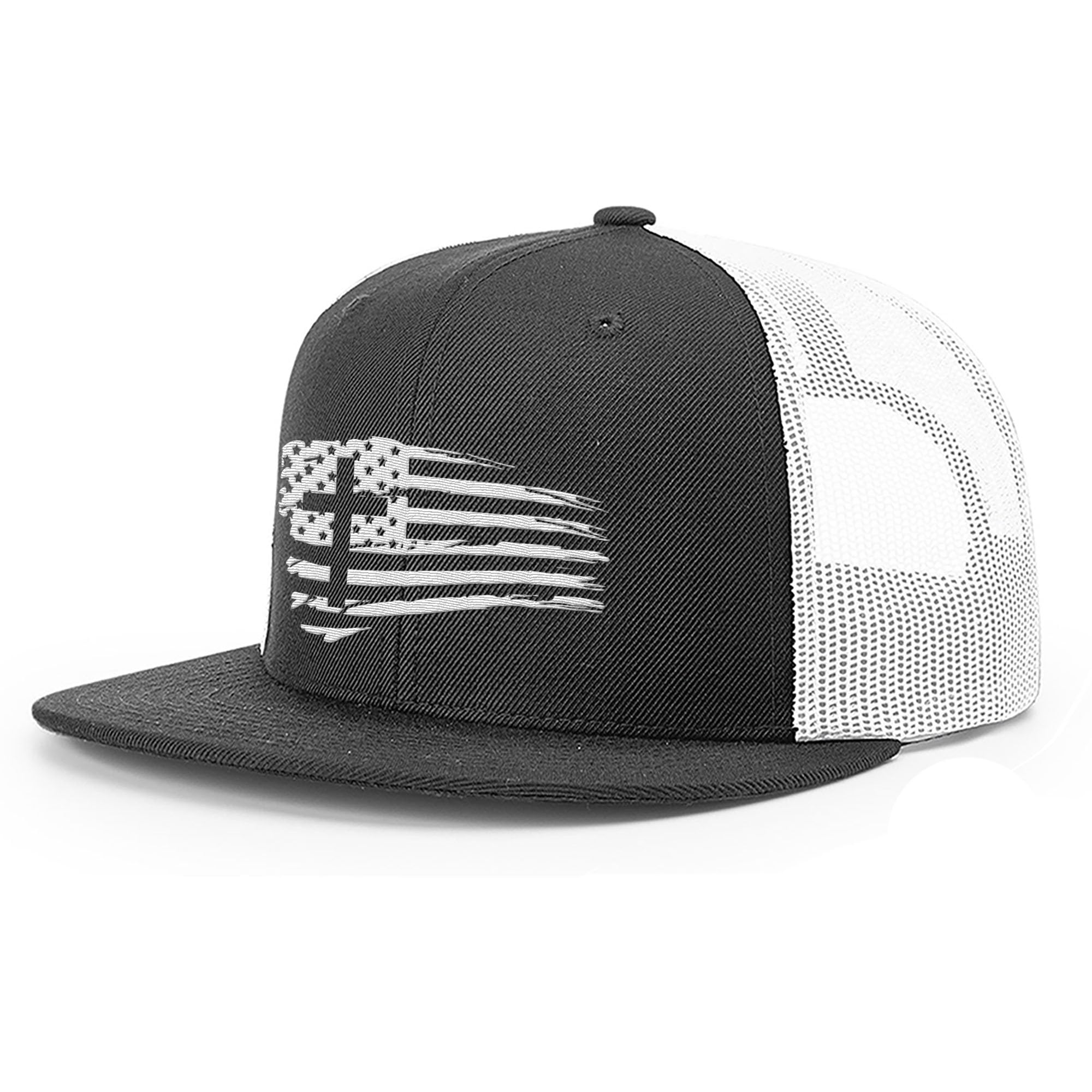 Our True GodTattered Flag Cross Flatbill Christian Trucker Hat - Adjustable Snapback Hat - Breathable Mesh Side for Casual Wear