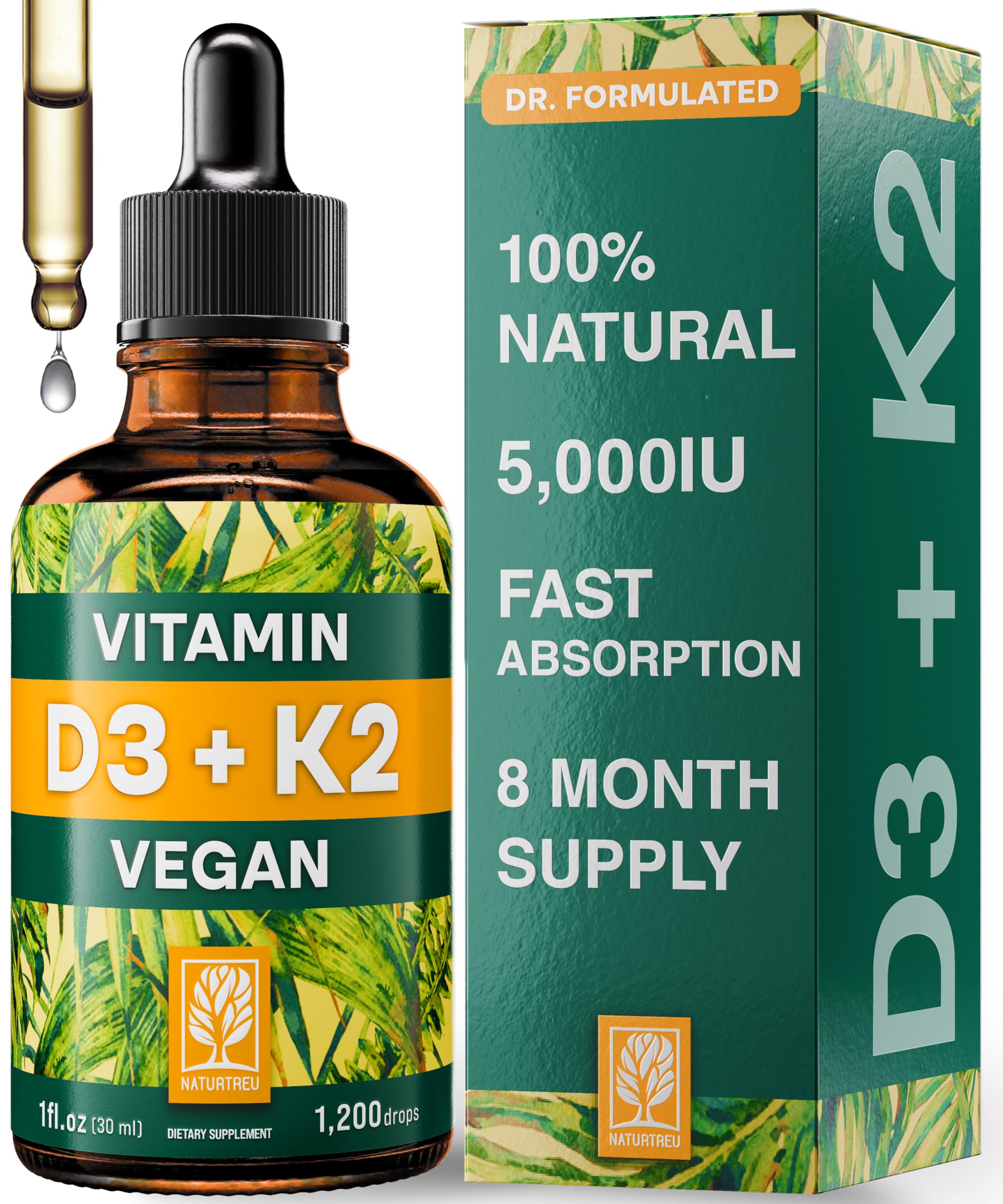 NATURTREU Vegan Vitamin D3 K2 Liquid Drops with MCT Oil for Adults