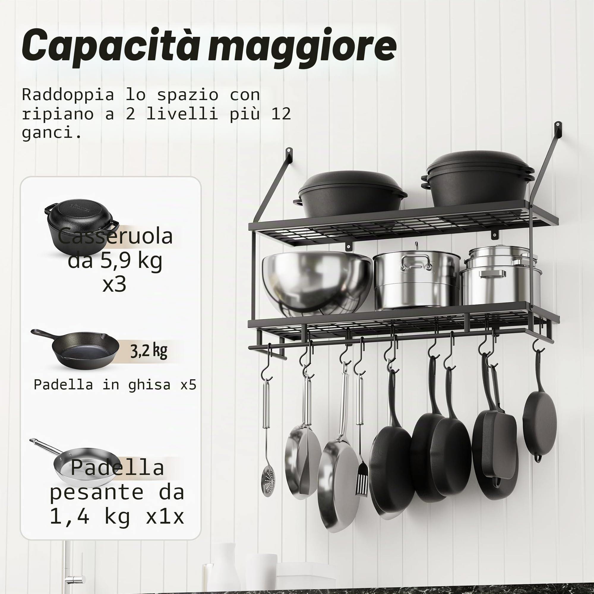 KES Porta Pentole da Cucina Rastrelliera 76CM Pentole Sospese per L'archiviazione e L'organizzazione Della Cucina Mensola per Pentole e Padelle con 12 Ganci Nero Opaco 2 Livelli, KUR215S75B-BK