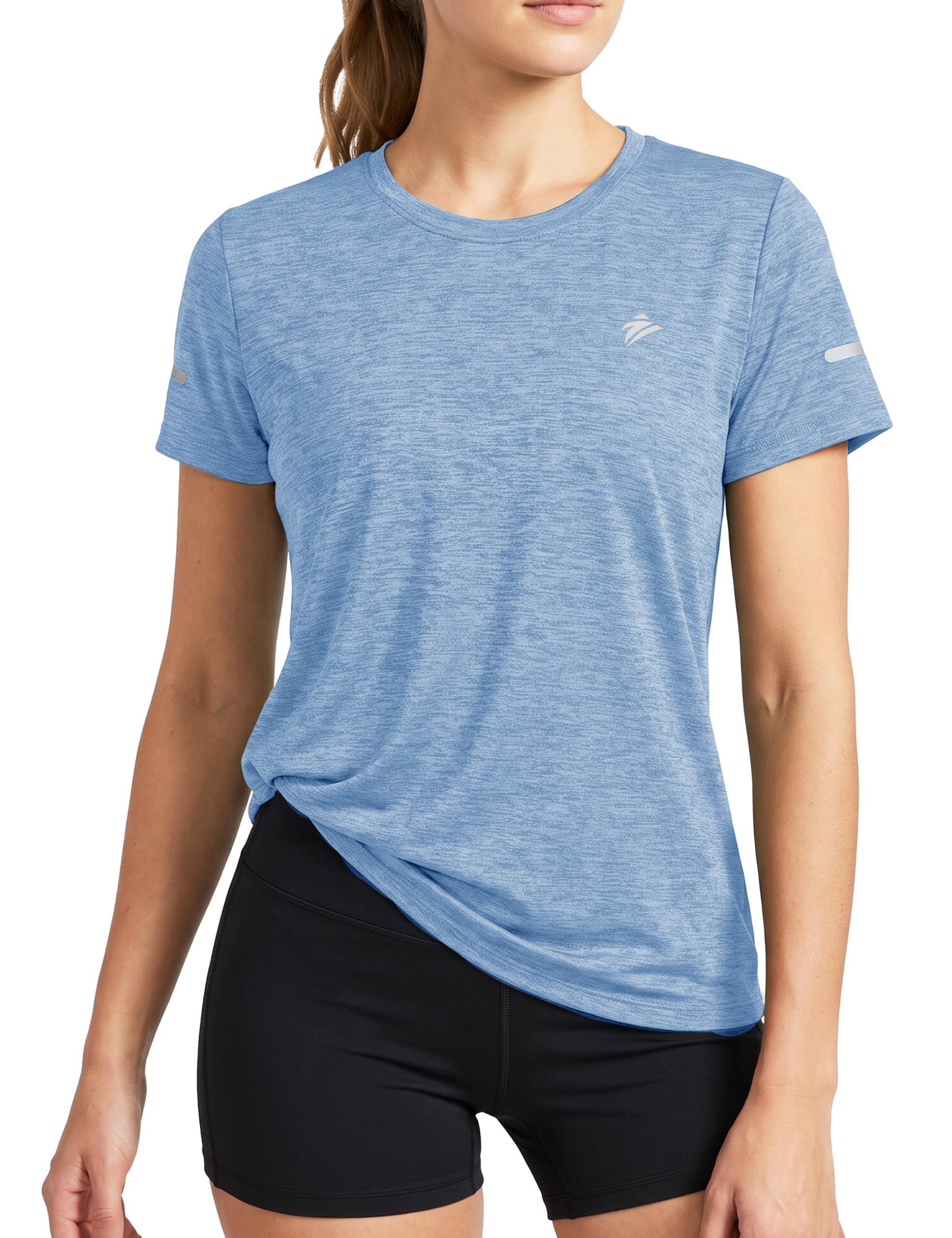 TACVASEN Damen Meliert Sport T-Shirt Laufshirt Kurzarm Sportshirt Rundhals Shirt Sommer Leicht mit Reflexstreifen