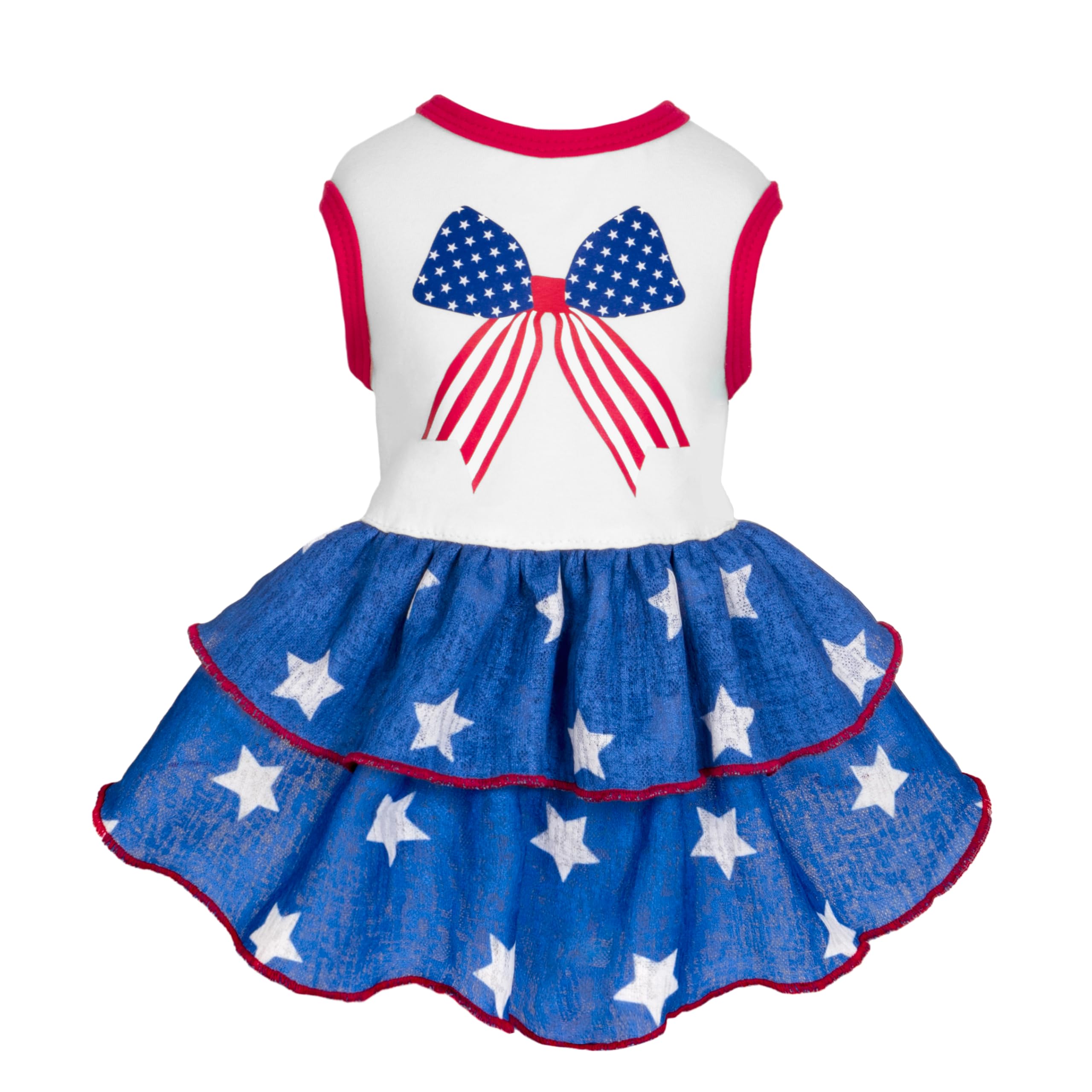Fitwarm Patriotic Bowknot Tiered Ruffle Dog Dress, 4th of July Clothes for Small Dogs Girl, Pet Outfit, Royal Blue, Red, White, XS