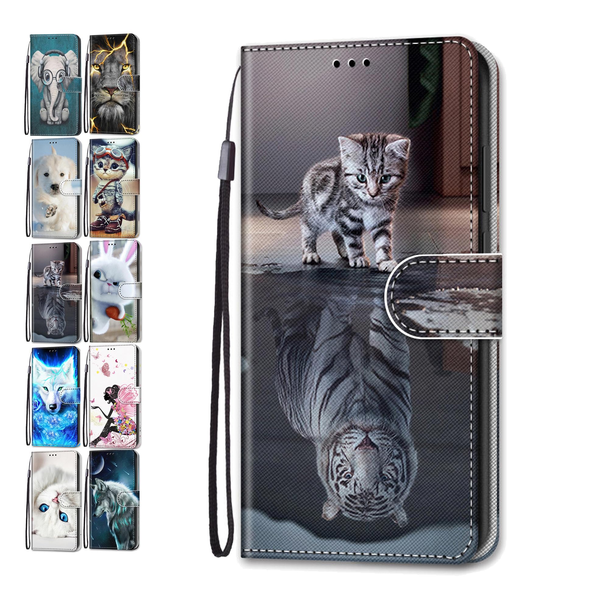 Phone Case for iPhone 15 Pro 6.1 Leather Wallet Flip Cover with Pattern Design Card Holder Slot Silicone Protective for Girls Boys - Tiger Cat