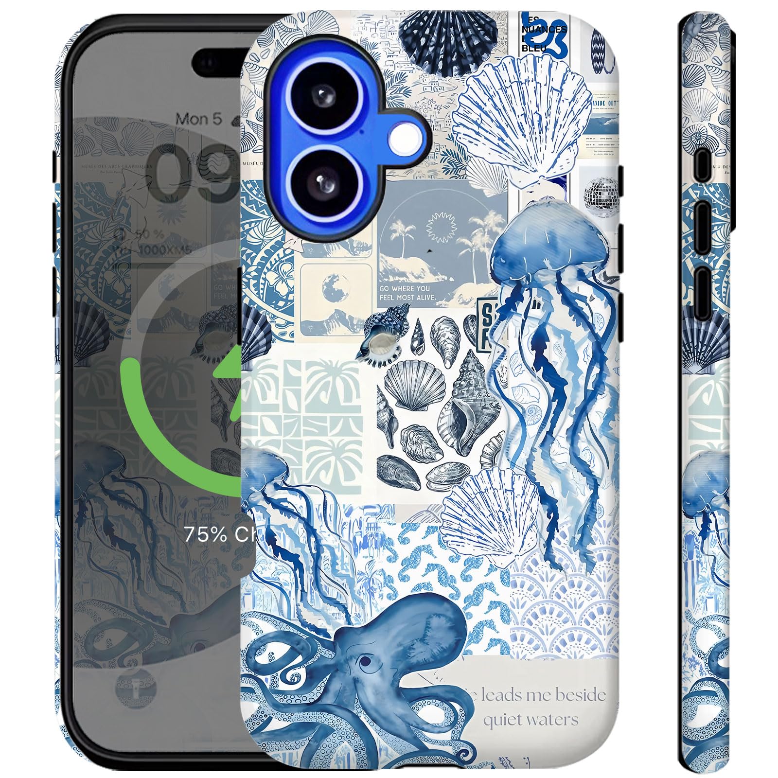 Ceckooty Compatible for iPhone 16 Case with Magsafe Beach Ocean Summer Blue Collage Cute Aethetic Seashells Vintage Rugge 2-in-1 Layer Shockproof