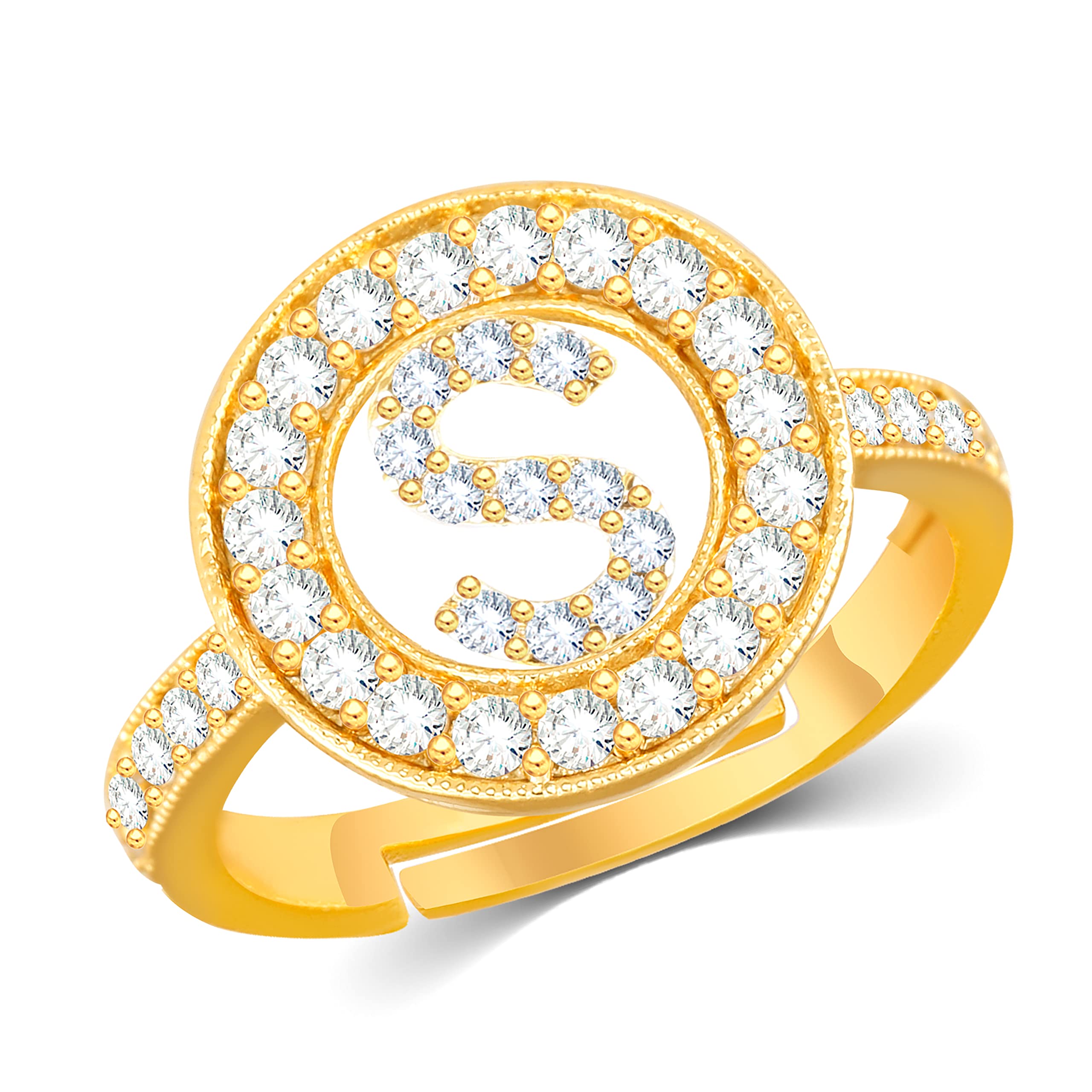 S Rings for Women Girls Men Couple girlfriend Gf Wife lovers Valentine Gift Anniversary propose CZ AD American diamond Adjustable Gold Love Heart Initial Letter Name Alphabet S finger Ring-247