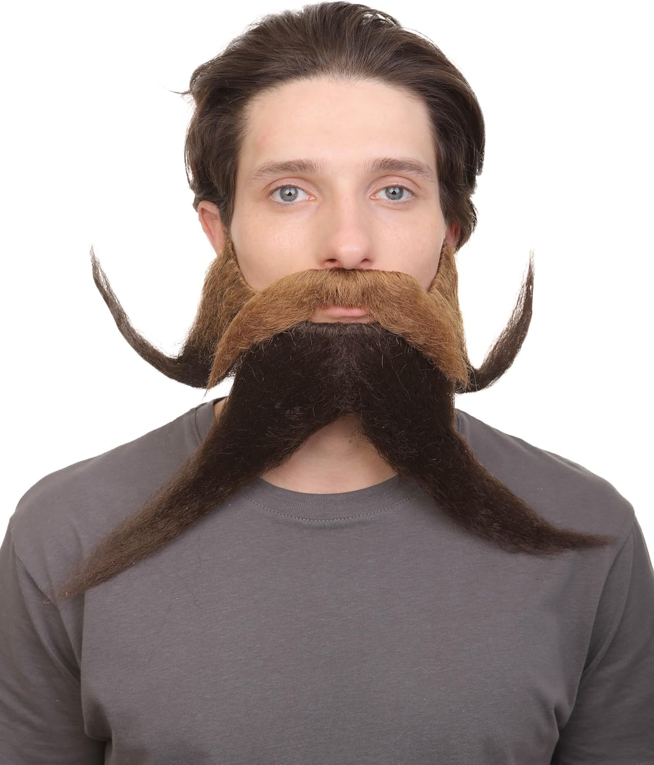 HPO Adult Men's Giant Twisted Wizard Champion Mustache and Beard | Brown Color | Novelty False Facial Hair | Costume Accessory for Adults
