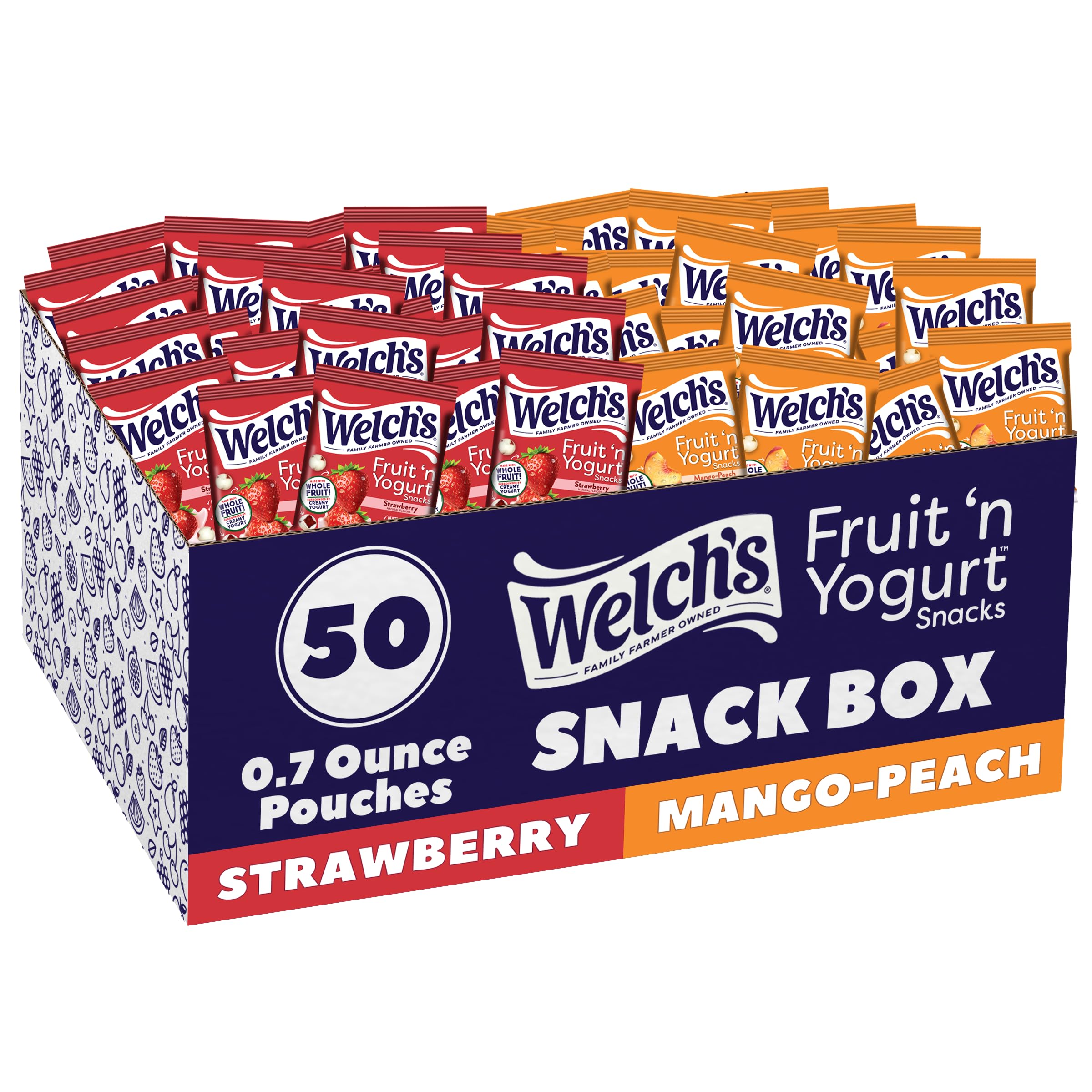 Welch's Fruit Snacks, Fruit 'n Yogurt Variety Pack, Strawberry, Mango Peach, Gluten Free, Bulk Pack, Single Serve, 0.7 oz Bags (Pack of 50)