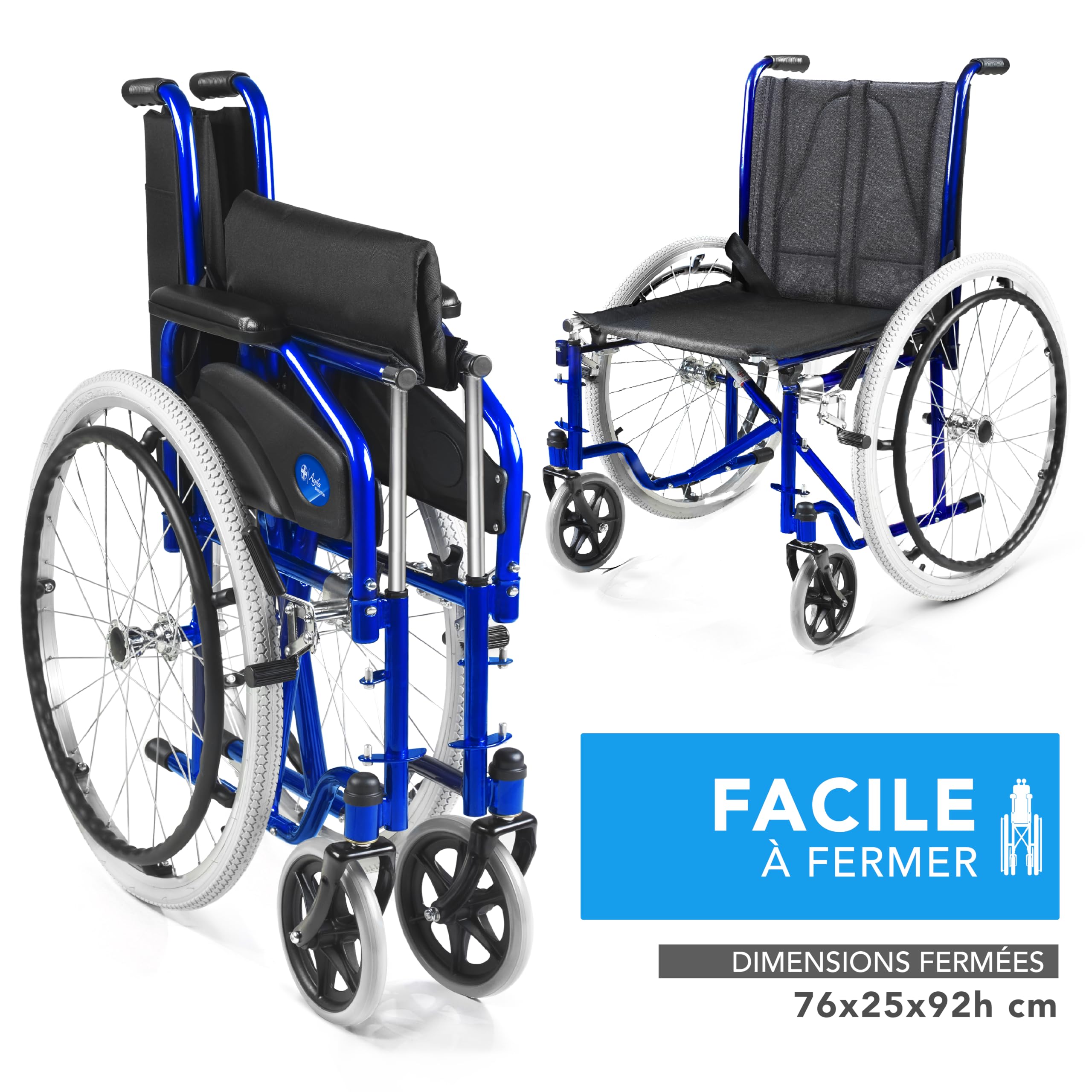 AIESI® Fauteuil Roulant pliable léger à autopousser pour handicapés et les personnes âgées AGILA EVOLUTION, Accoudoirs et repose-pieds amovibles, Ceinture de sécurité, Pompe à air, Garantie 24 mois