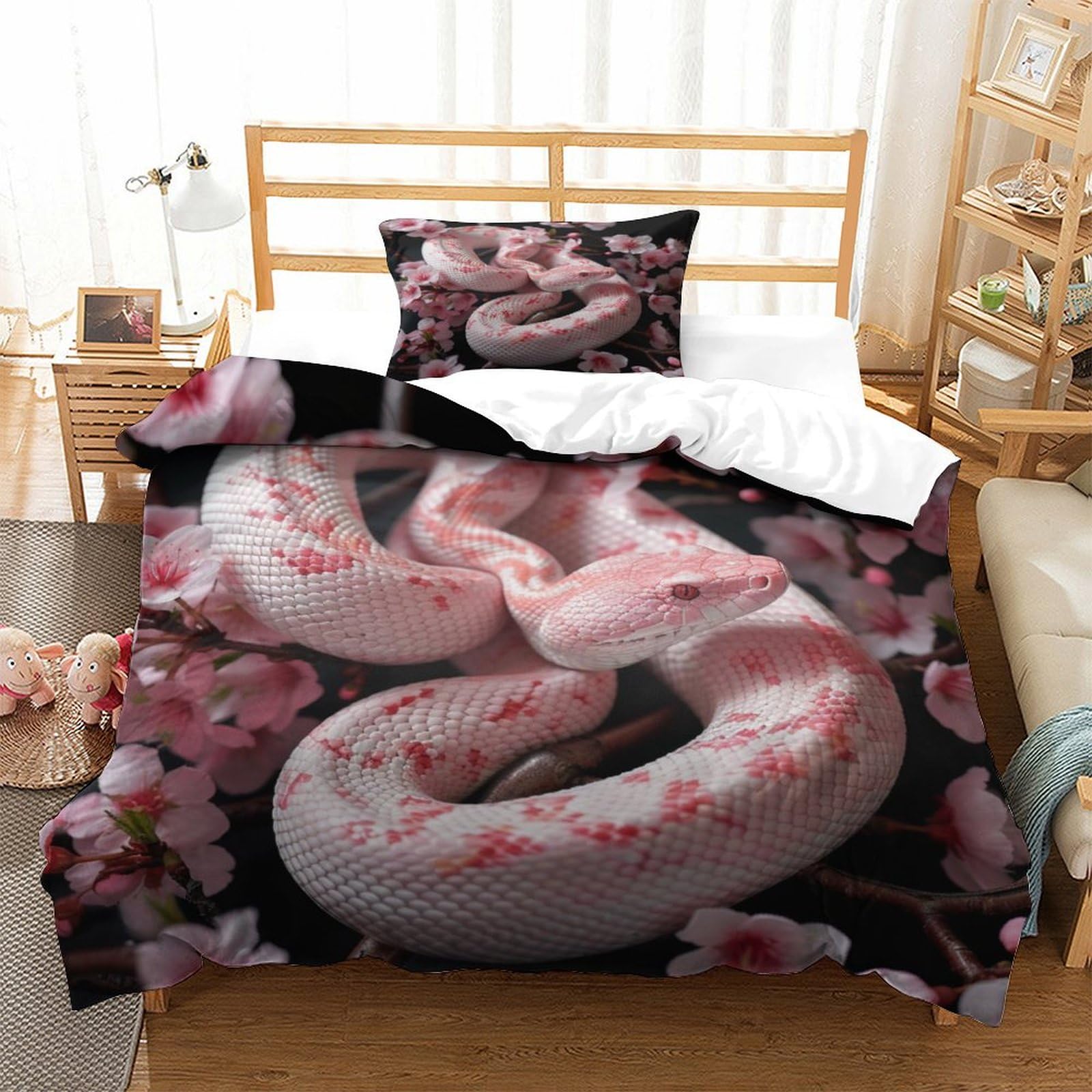 P1S9U7W5Y 3D Printed Cherry Blossom Snake Duvet Cover Set 3pcs Microfiber Serpent Blossom Bedding Set Single（135x200cm）