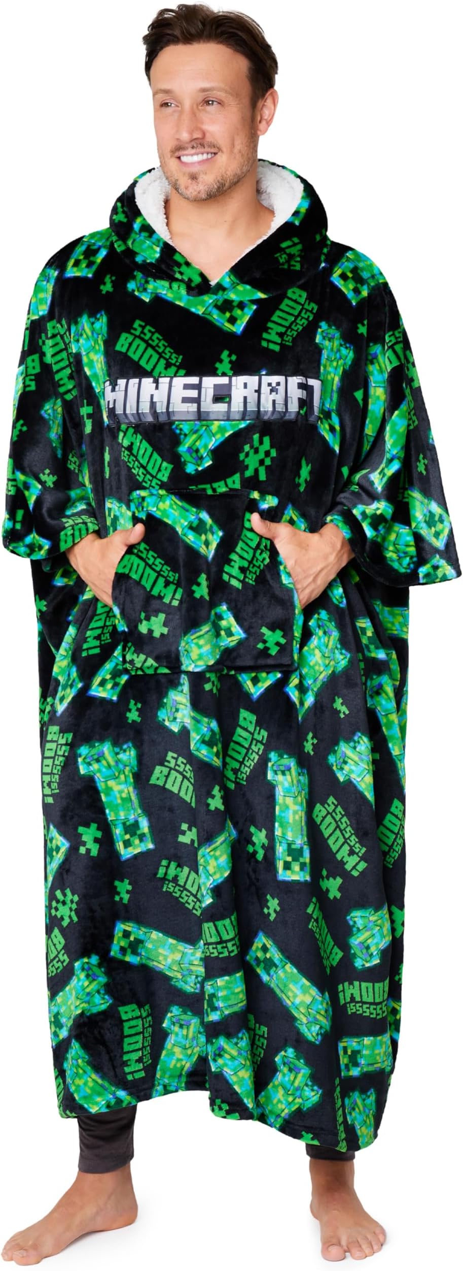 Hoodie Blanket for Men and Teenagers - Cosy Oversized Fleece Hoodie One Size Sherpa Hood - Gifts for Men Black/Green