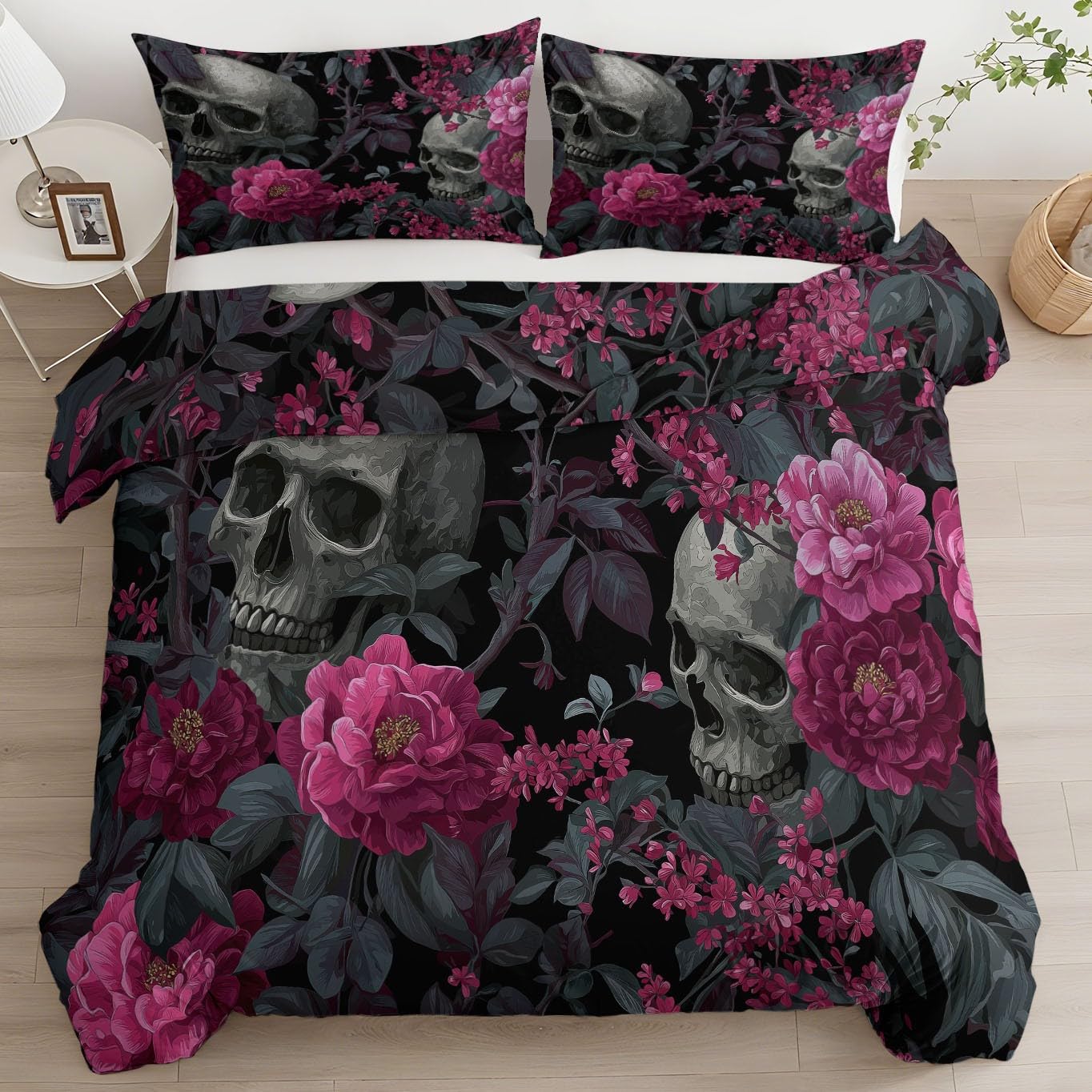 Housse de couette crâne gothique 240x260 respirante avec fermeture éclair pratique