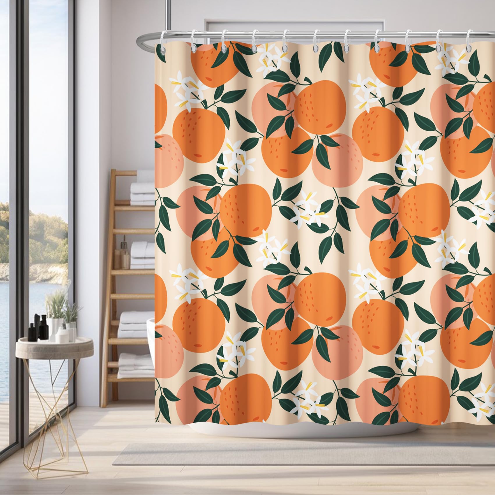 Renaiss 72x72 Inch Orange Shower Curtain Fresh Cute Fruit Green Leaves White Floral Shower Curtain for Bathroom Modern Decor Fabric Cloth Polyester
