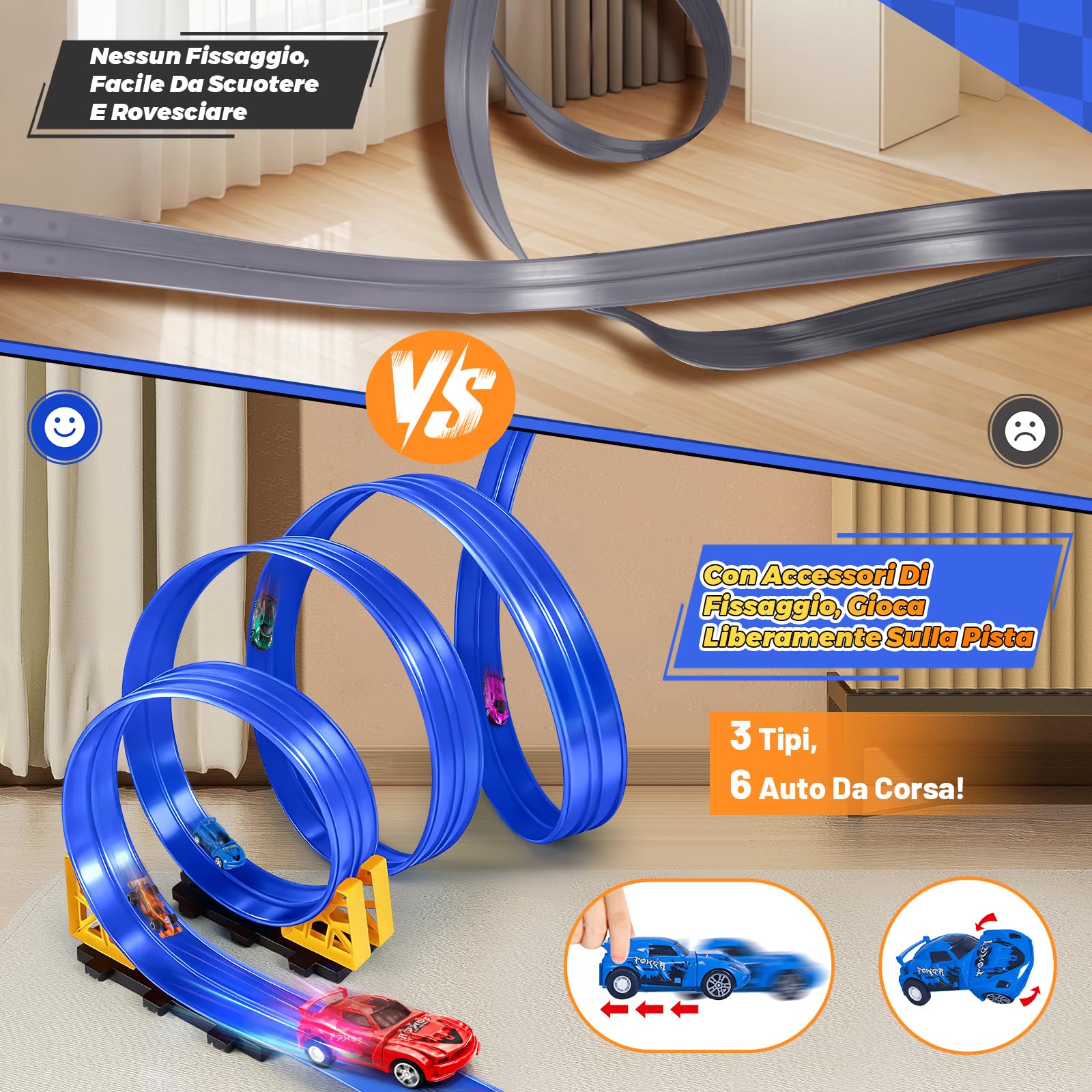Pista Macchinine 5M Pista Flessibile Macchinine 4 Macchinine 2 Rampe 1 Borsa Portaoggetti 4 Ventose Regalo Flexible Car Track per Bambini 4 5 6 7 Anni (Blu)