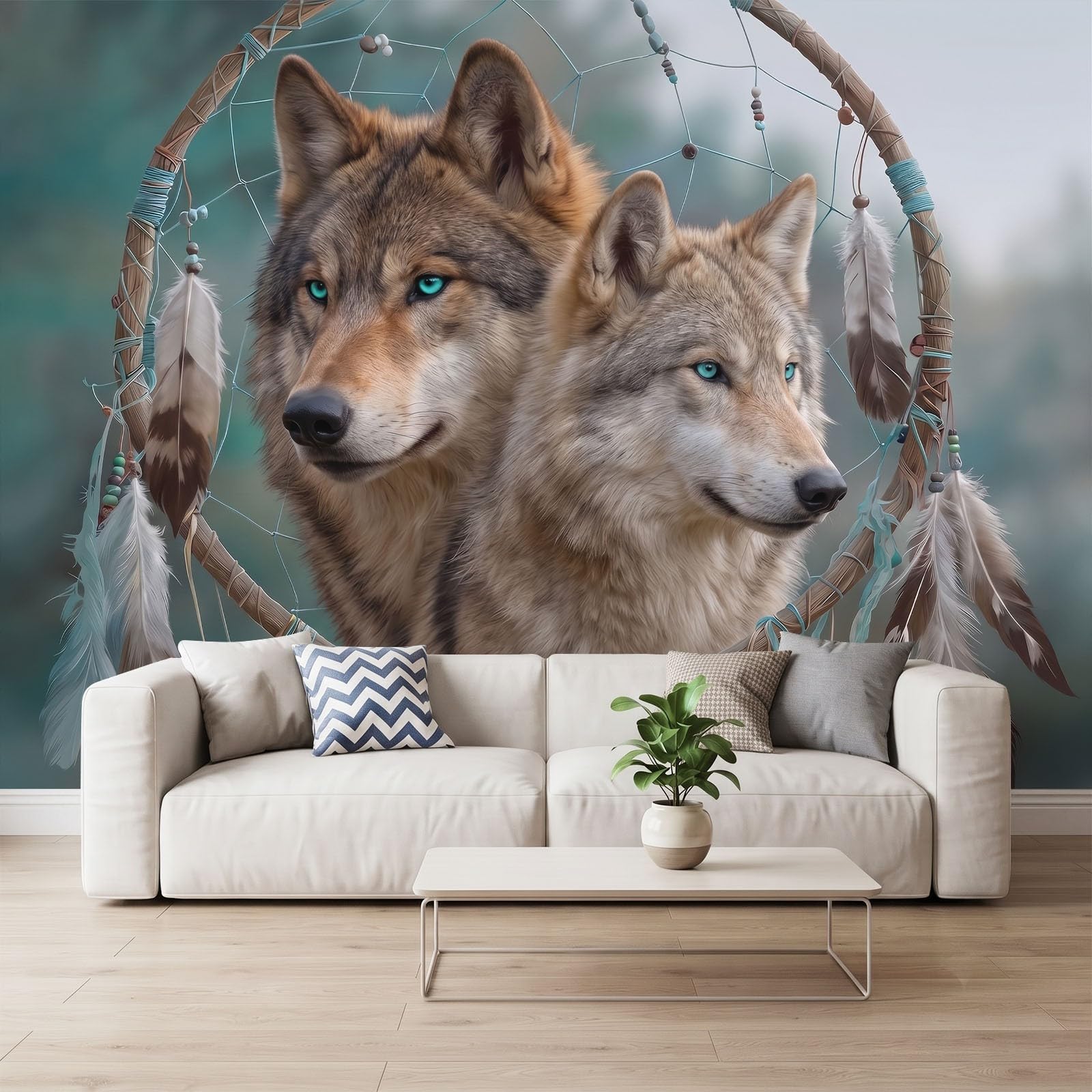 Fototapete Fantasy Boho Wohnzimmer 250 x 175 cm, Vlies Tapeten Traumfänger Wolf Wildtier Wandtapete XXL Foto Tapete Vliestapete Motivtapeten Bildtapete Schlafzimmer Wand Dekoration
