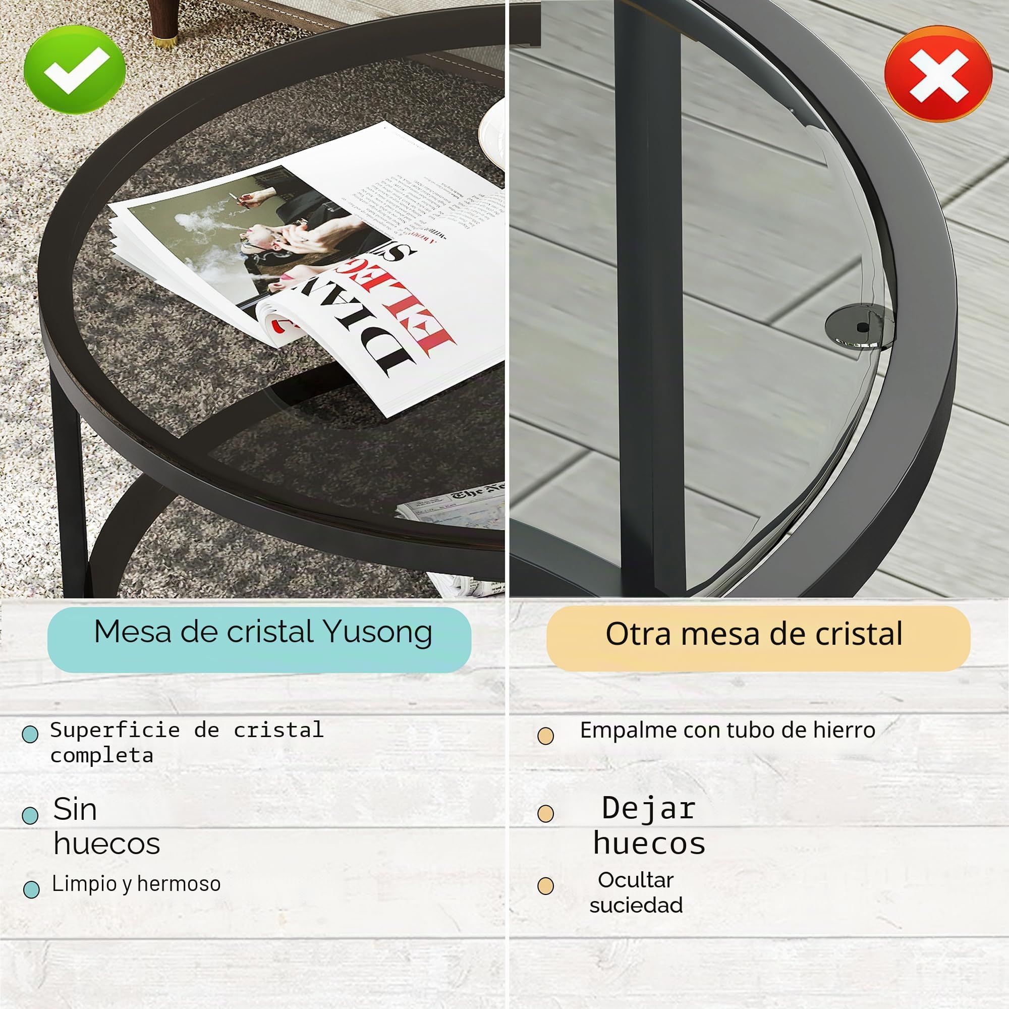 Yusong Mesa de centro redonda de cristal para sala de estar (negro, 2 niveles)