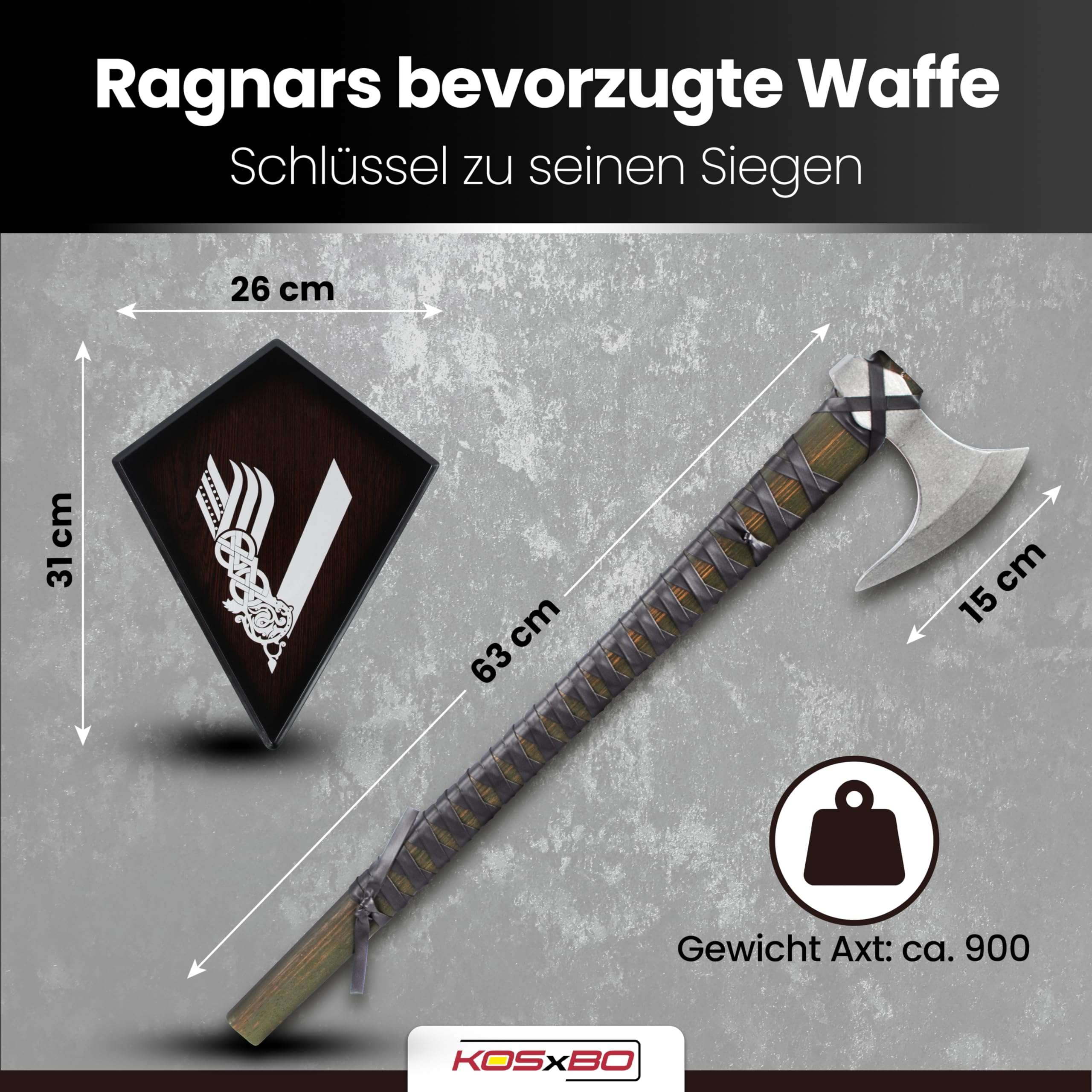 Wikinger Axt - Ragnar Lothbroks Kriegsaxt - Kampfaxt Vikinger - Streitaxt Metall - 63 cm Deko Wikinger Kampfaxt mit Schild aus Holz