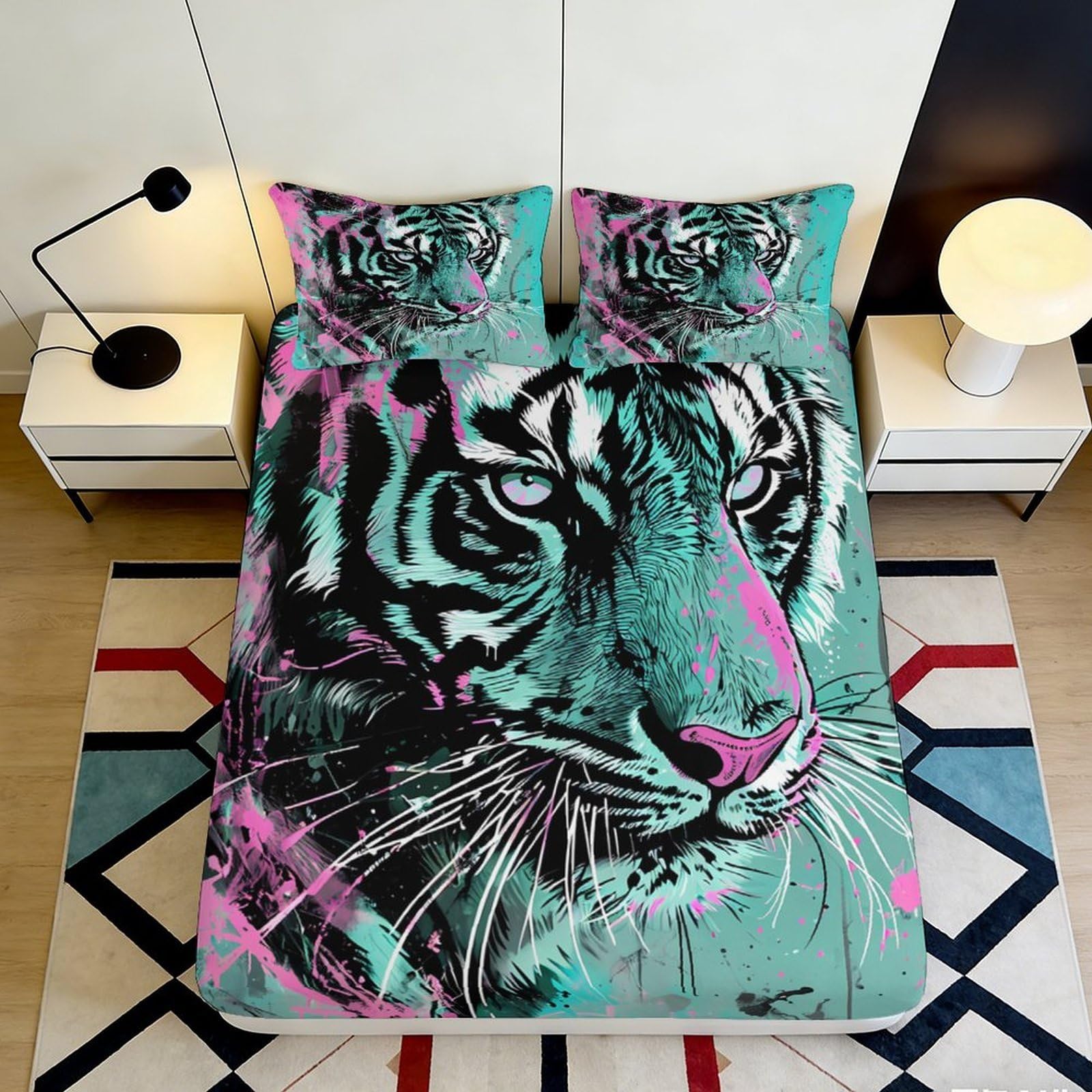 3D Printed Neon Tiger Fitted Sheet Microfiber Soft Durable Abstract Art Bed Cover for Bedroom Dormitory Guest Room Mattress Protection Decor 200x200x25cm