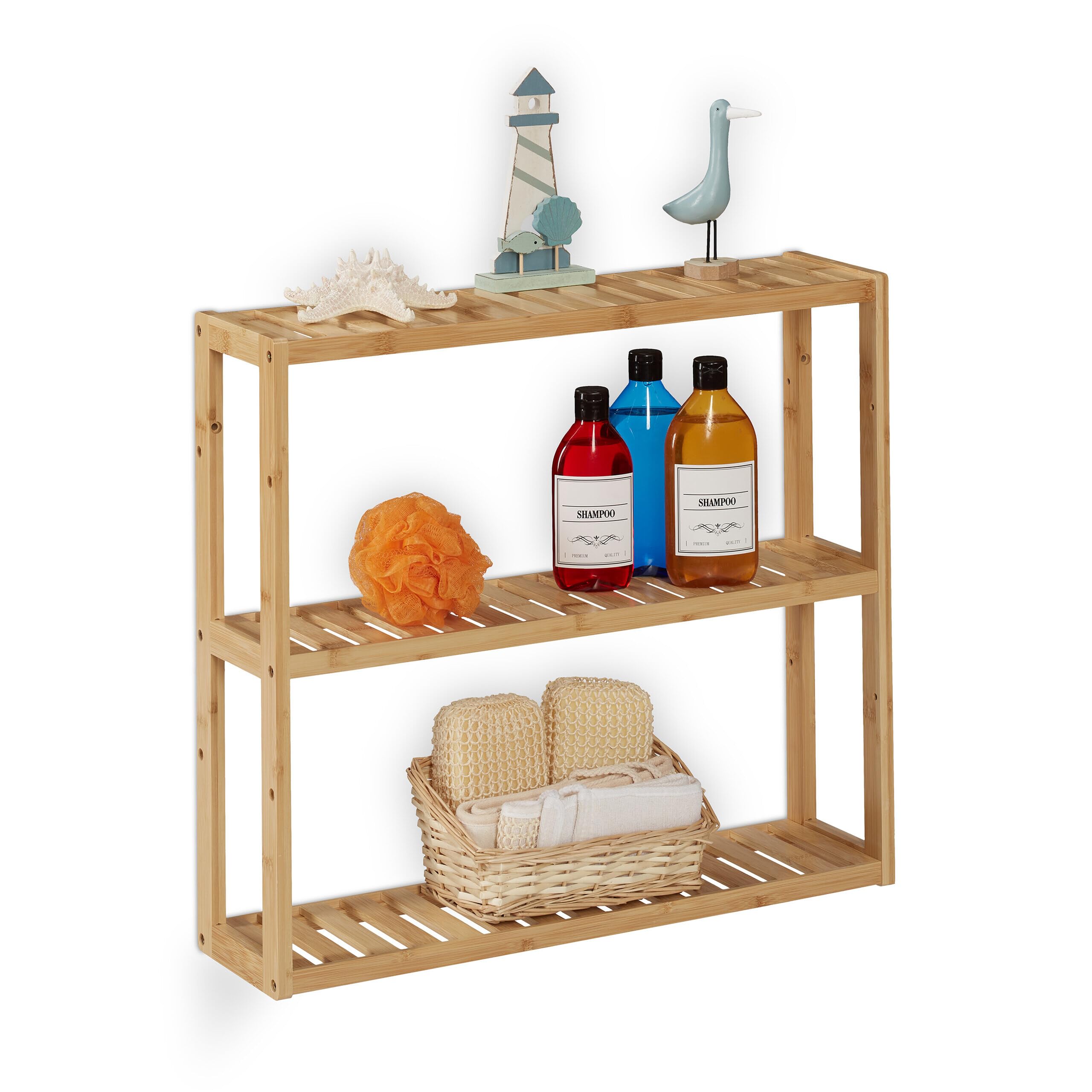 Relaxdays Mensola da Parete per Bagno, in bambù con 3 Ripiani, 54 x 60 x 15 cm, Scaffale Portaspezie in Cucina, Naturale