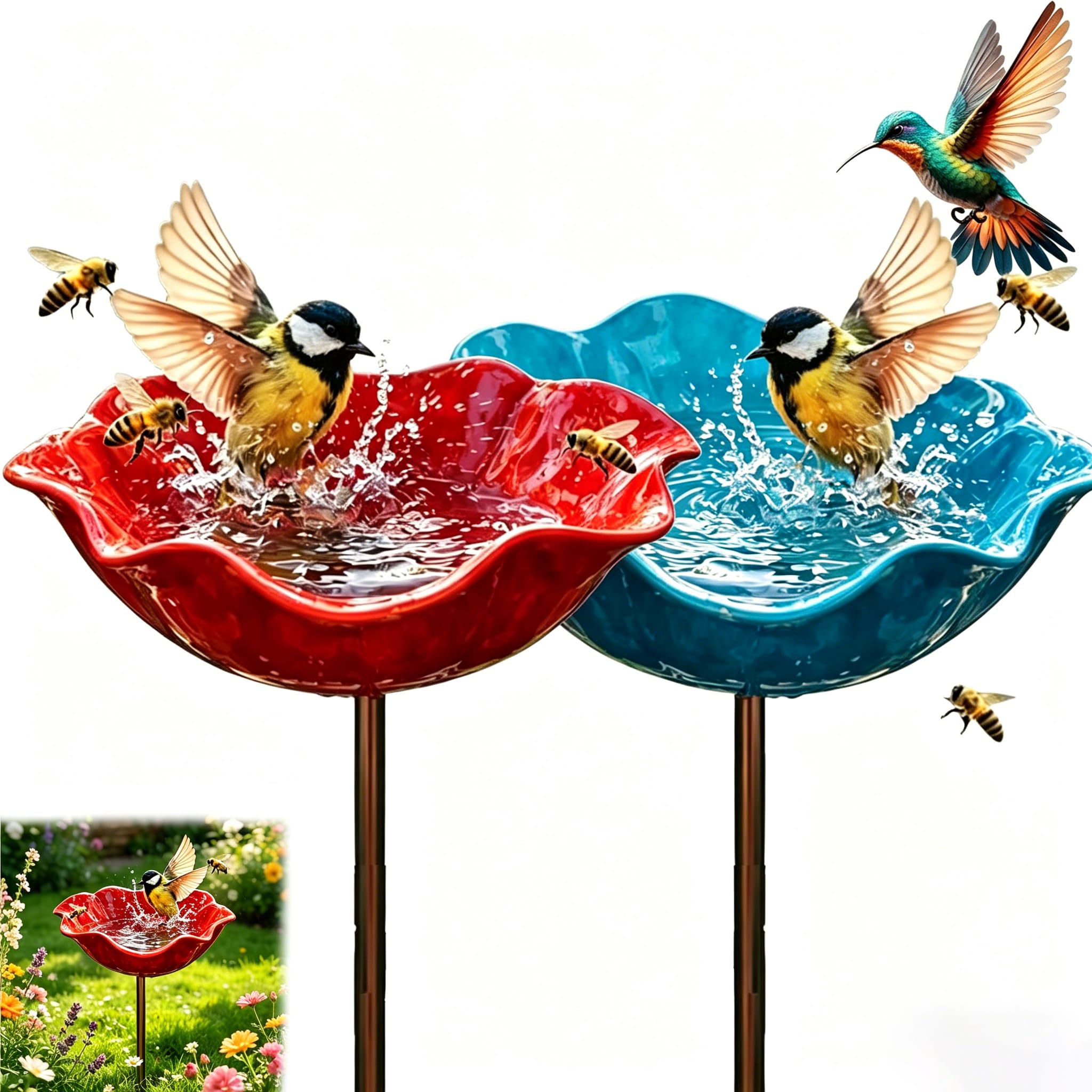 2026 New Handmade Metal Flower Garden Stake Bird Bath, Bee Watering Station with Poppy-Shaped Design, Weather-Resistant Outdoor Yard Art for Garden Patio Yard Lawn (Red +Blue)