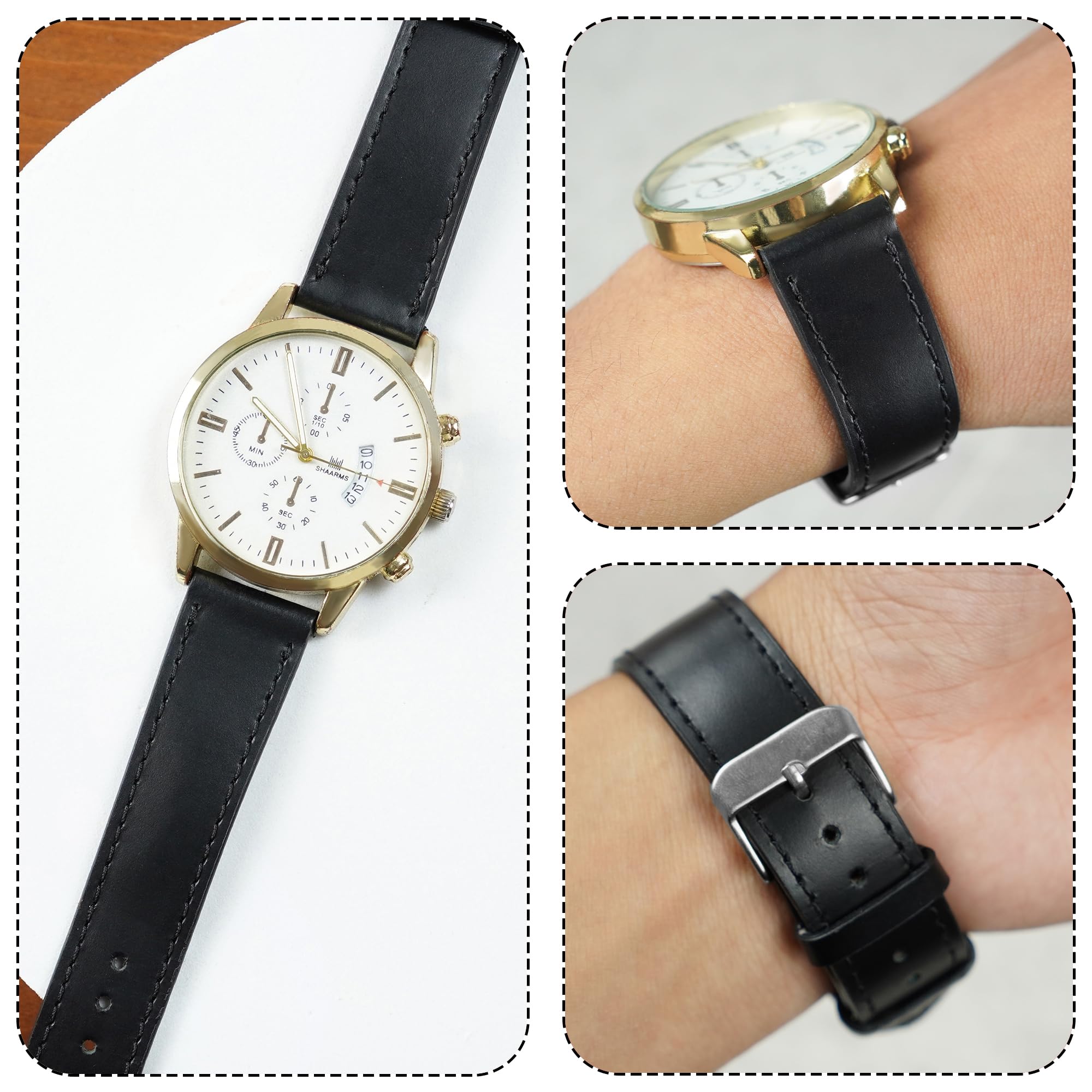20mm Flat Black Leather Watch Band Men Quick Release Handmade Leather Strap, Slim Replacement Wristband Stainless Steel Buckle, Christmas Father's Day Gift for Dad Husband DH-NO-201-20MM