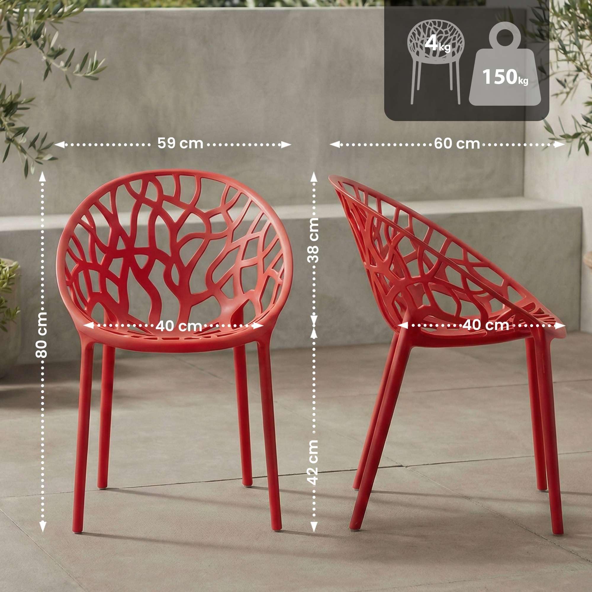 CLP Juego de 4 sillas de jardín, apilables y Resistentes a la Intemperie, Moderno con reposabrazos no Ajustables, Estructura de plástico Hope, Color:Rojo