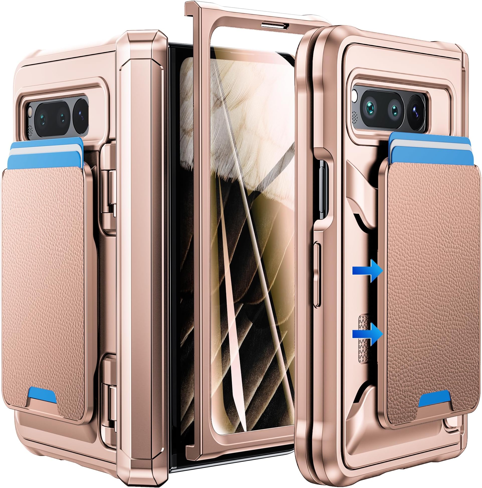 LozeowPixel Fold Case with Detachable Wallet and Card Holder, Protective Cover with Screen Protector, Full Body Protection for Google Pixel Fold - Gold