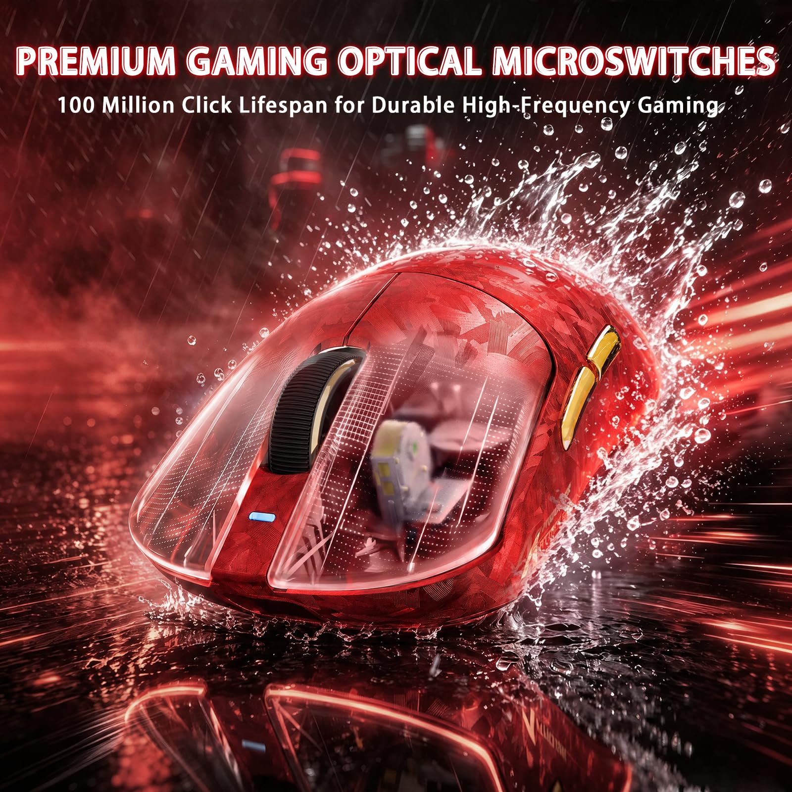 MAMBASNAKE ATTACK SHARK RS3 ULTRA Mouse Gaming Wireless In Fibra Di Carbonio, MCU Nordic 54L15, Sensore PAW3955MAX, Fino A 52000 DPI, Dual 8000Hz, 66g Ultra Leggero, Dongle Shark-Fin,for PC/MAC, Rosso