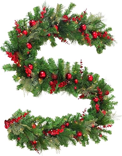 Guirnalda de Navidad preiluminada de 9 pies con luces, guirnalda de Navidad para mesa, chimenea, escalera, manto de pared, decoración de interiores
