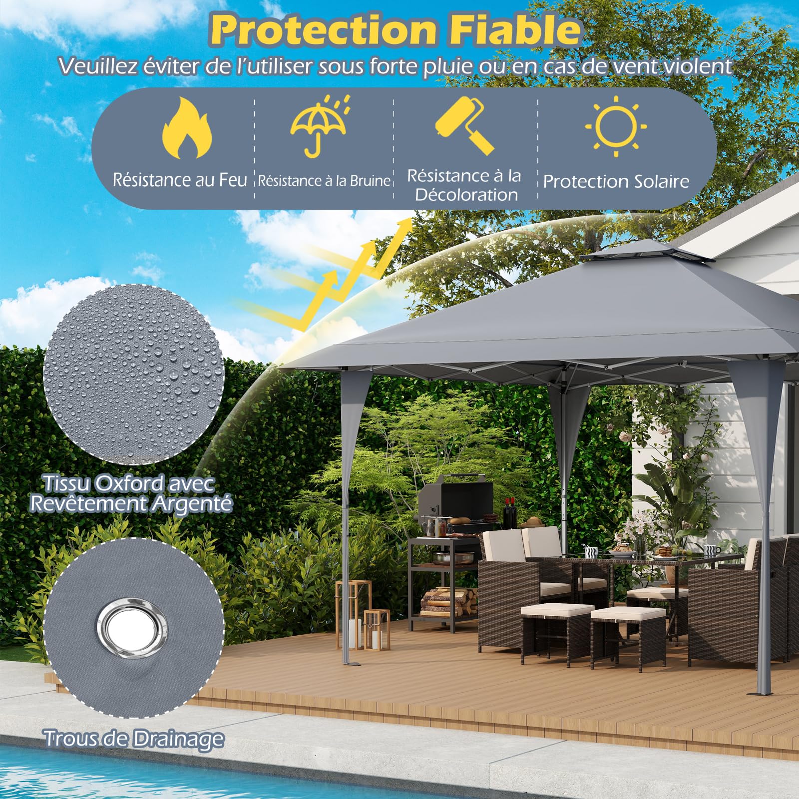 RELAX4LIFE Tonnelle Pliante 4x4 Imperméable, Tonnelle de Jardin Extérieur, Tissu Oxford Résistant, Cadre Métallique Revêtu, Protection Solaire, Barnum Pliant Facile à Monter pour Terrasse Patio (Gris)
