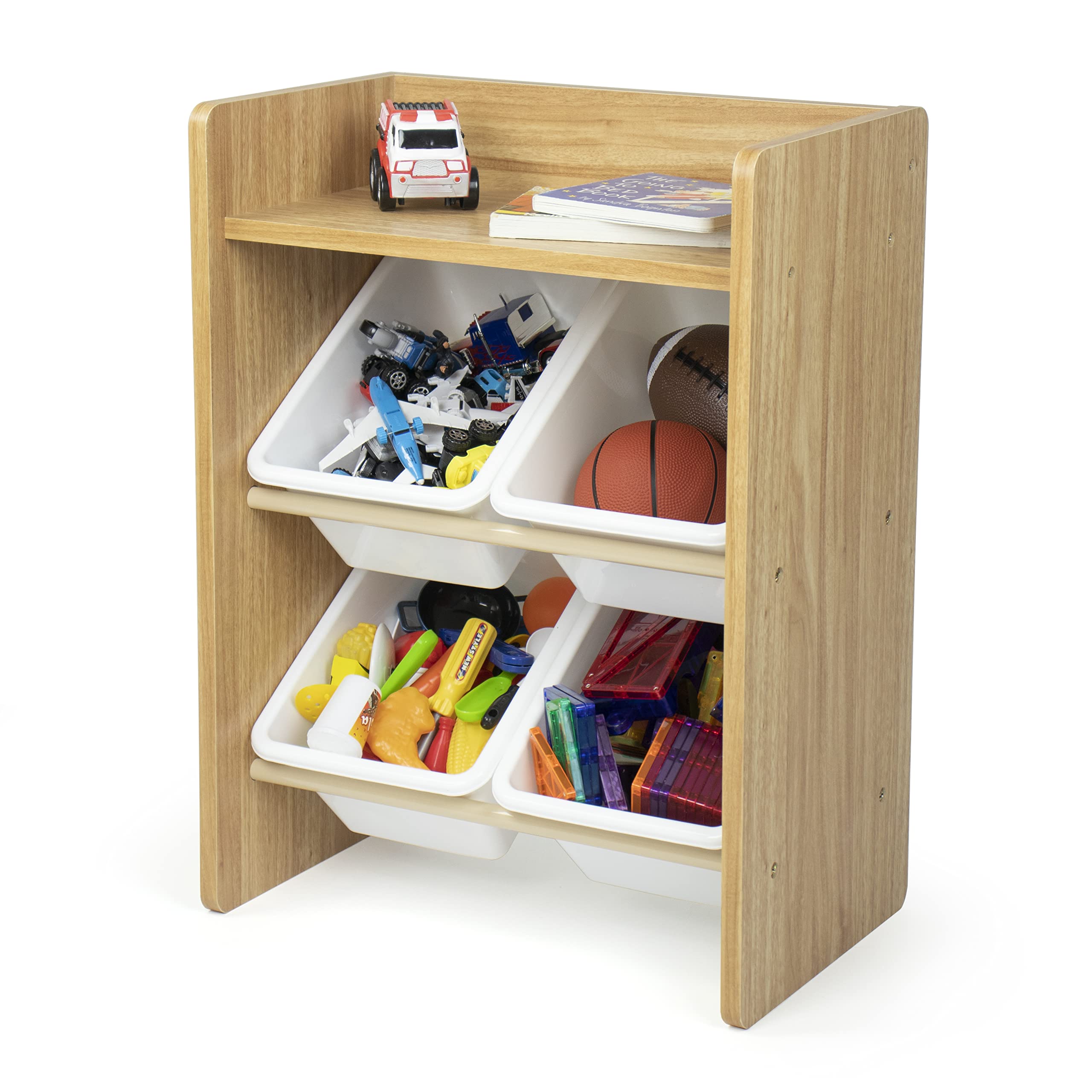 HumbleCrew Scaffale Bambini Compatto: Organizer Giocattoli con 4 Contenitori, Design Naturale/Bianco Elegante, Ideale per Camerette Stile e Ordinate
