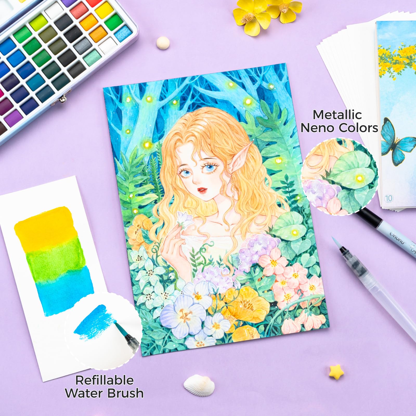 Ohuhu Set di pittura ad acquerello 50 colori, scatola portatile con carte, pennelli e acrilico, pastelli a olio, pittura per viaggio all'aperto
