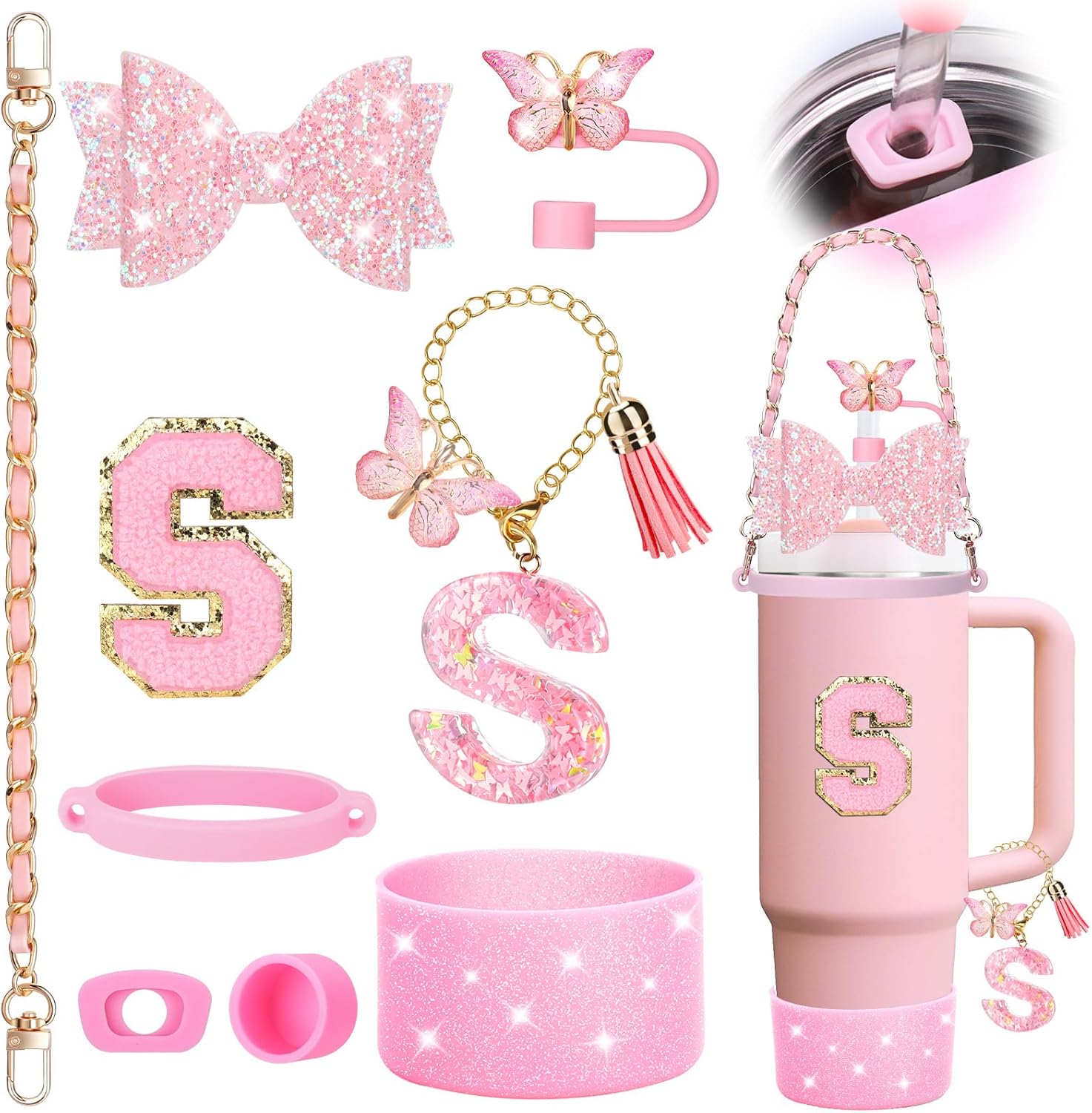 Mity rain 9PCS Pink Cup Accessories Set for Stanley Cup 30oz 40oz tumbler with handle - Includes Strap,Straw Bow Decorate,Straw Topper,Boot,Spill Proof Stoppers,Handle Charms,Sticker (Initials S)