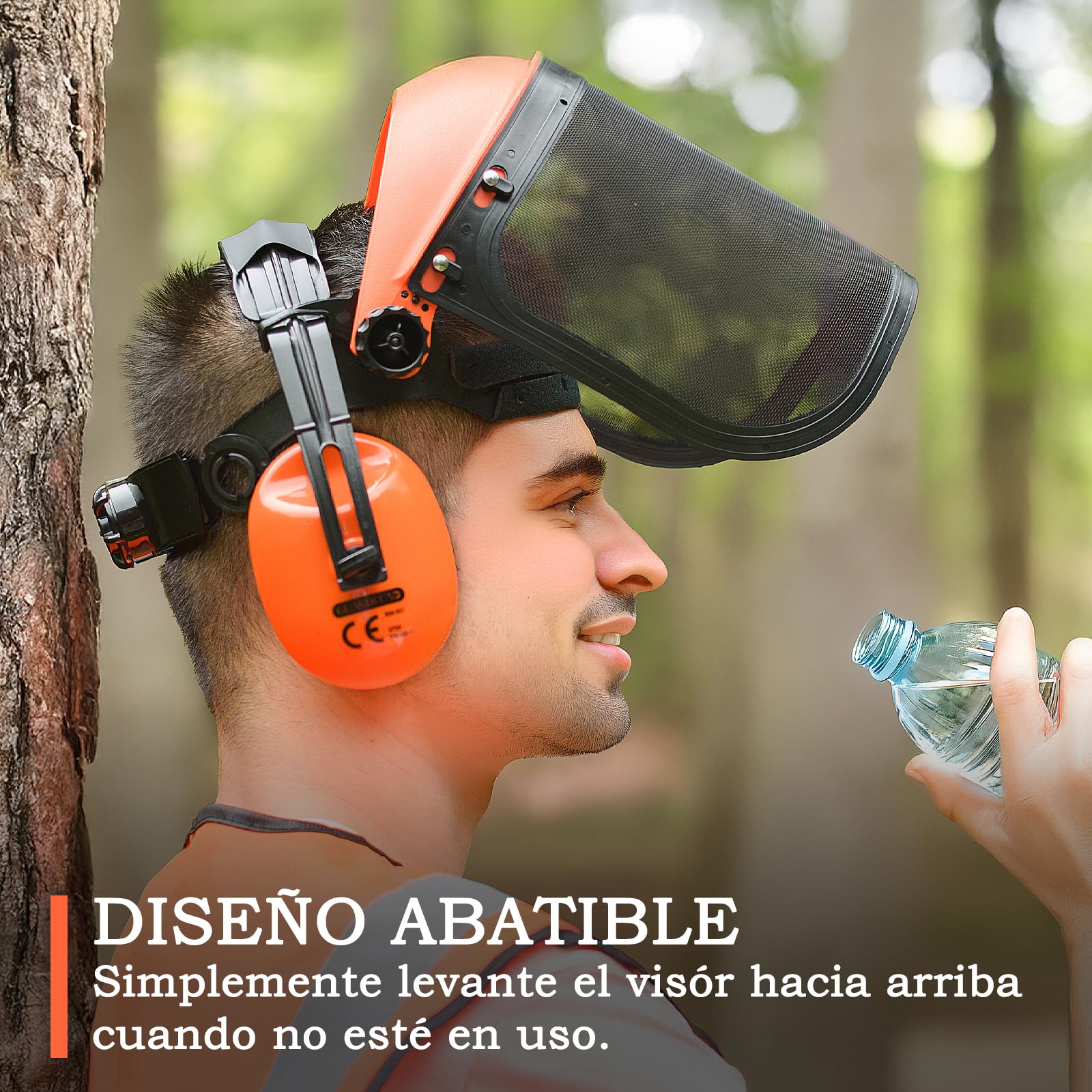 Careta Desbrozadora con Doble visera (Transparente EN16321-1 + Malla EN16321-3) y Orejeras EN352-1 Certificado CE Para Jardinería, Carpintería y Desbrozadoras
