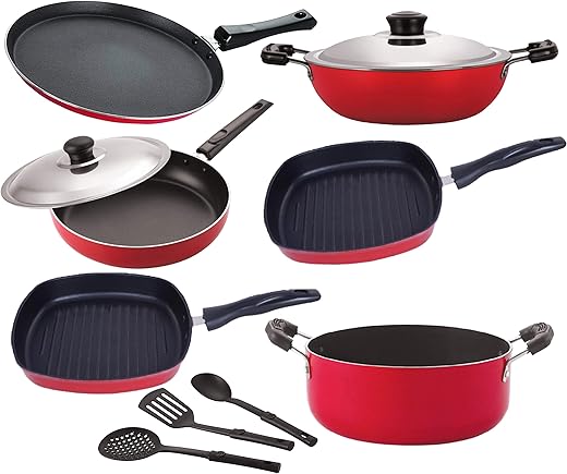 Nirlon Aluminium nonstick Cooking Set of 9 Pieces Combo Offers {FT13_DKD(M)_GP22_GP(24)_Cass20_FP12_3SPN }
