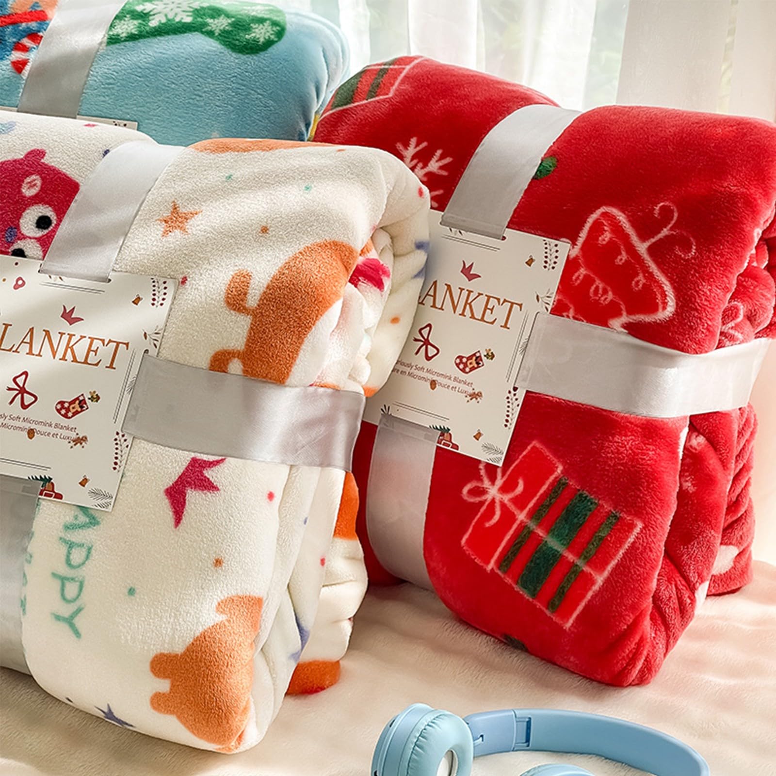 Manta navideña roja, Manta navideña Ultra Suave, acogedora, Decorativa, cálida y de Invierno para sofá, Cama y decoración(Socks, 71"x79")