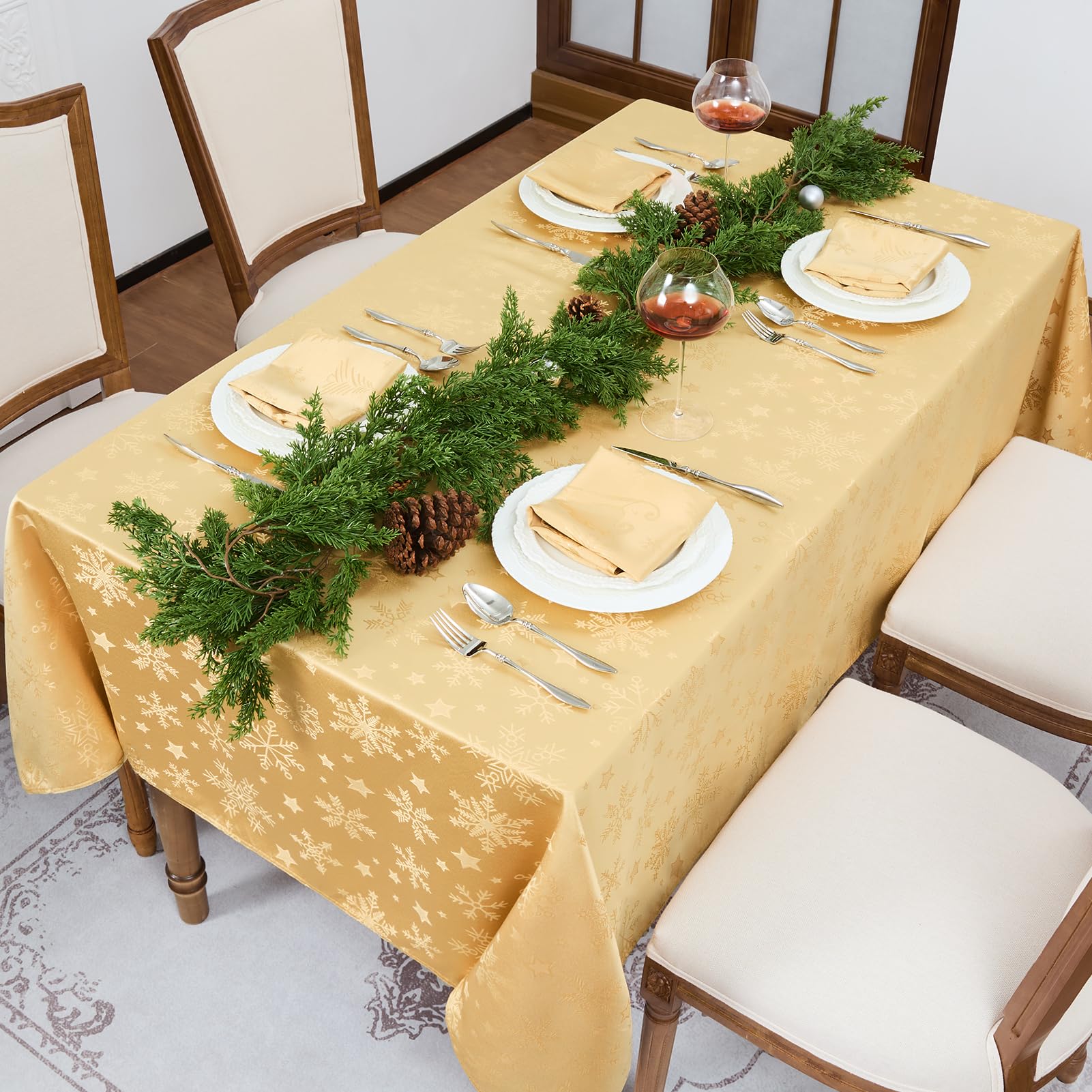 Romanstile Mantel grande de Navidad, 150 x 350 cm, dorado, lavable e impermeable, jacquard, estrellas y copo de nieve, rectangular, XXL, mantel para invierno, decoración navideña, fiesta, Navidad