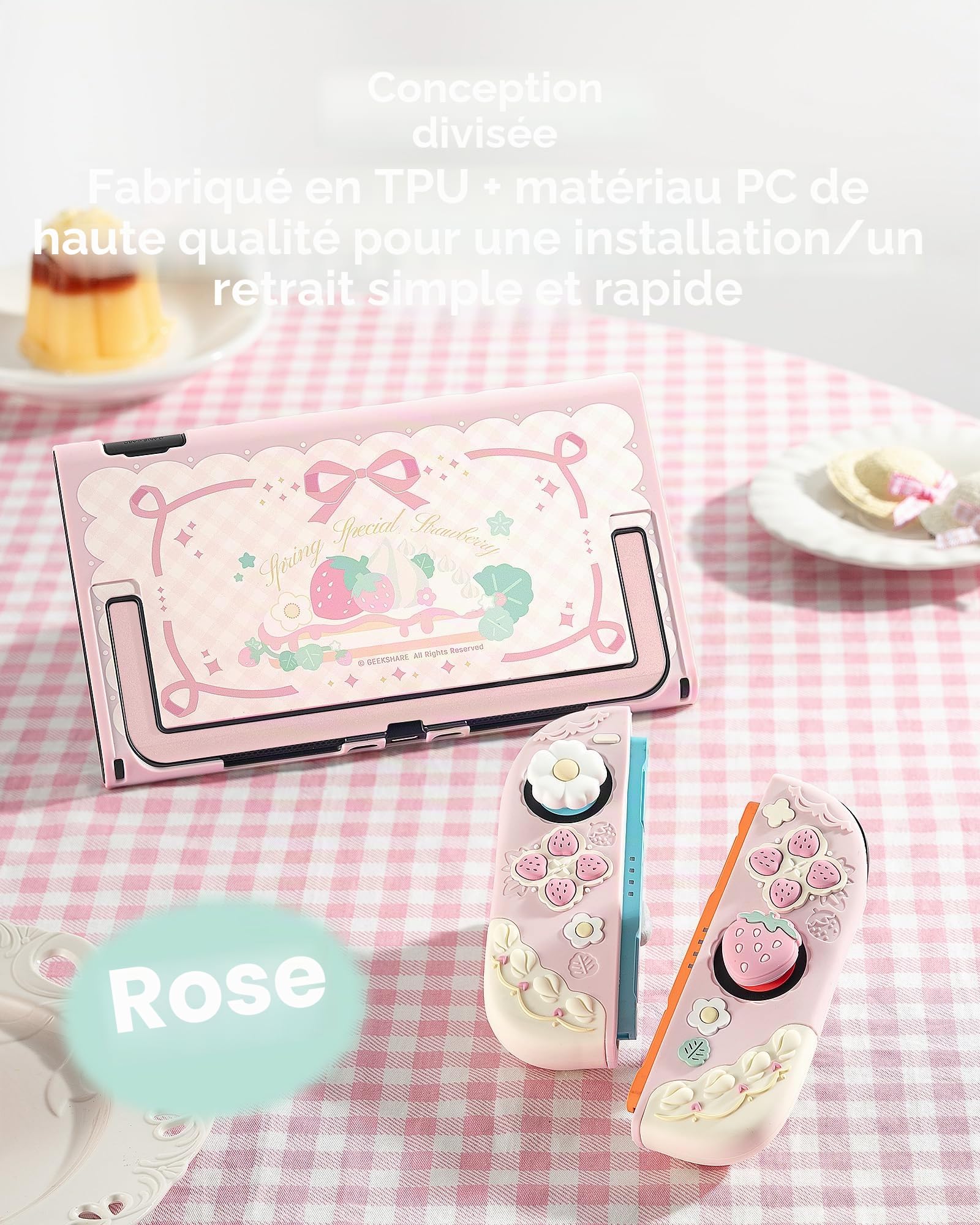 GeekShare Coque de protection en silicone souple compatible avec Switch 2 - Coque de protection séparable avec 2 capuchons pour les pouces - Fraises avec crème (rose)