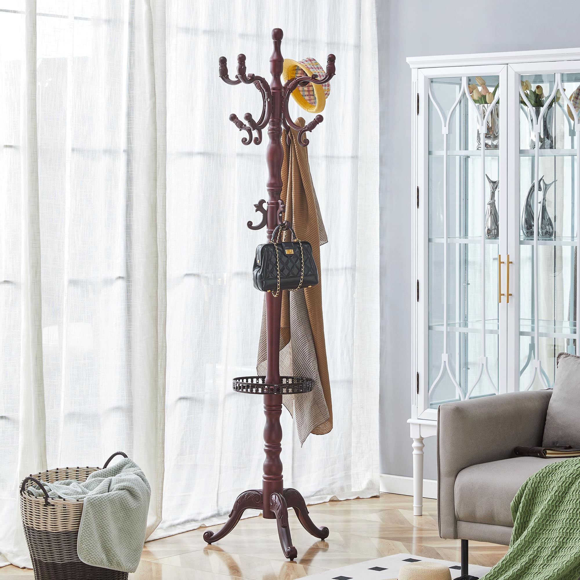 Perchero de Pie de Madera Maciza, Estilo Europeo para Pasillo, Nogal, 195 cm
