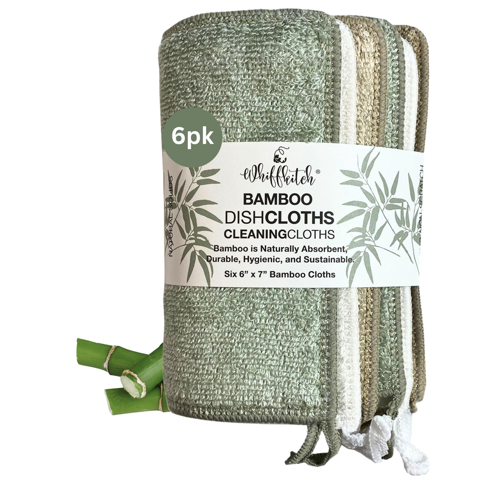 Whiffkitch Dishcloths Dishrags for Kitchen and Household Cleaning 6x7 6-Pack Non-Scratch 2-Ply Weave, Rayon Derived from Bamboo, Absorbent, Washable, Long-Lasting