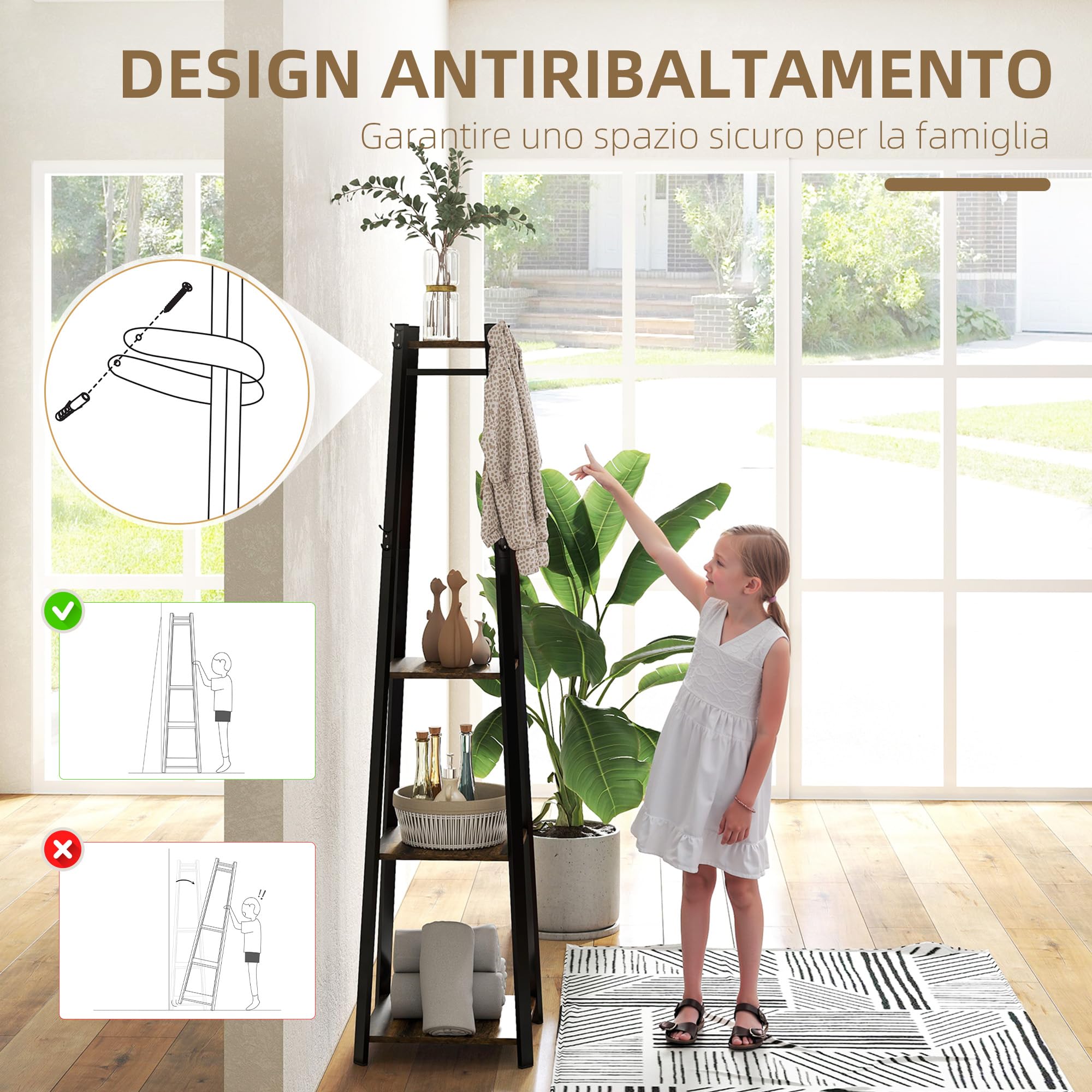 HOMCOM Appendiabiti da Terra con 8 Ganci, 3 Ripiani e Mensola Superiore, Attaccapanni Design a Trapezio per Ingresso, Camera da Letto e Salotto, 42x42x170 cm, Marrone Rustico