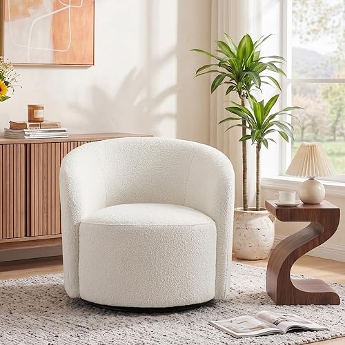 KINWELL 34" W Mid Century Modern Boucle Swivel Barrel Chair, Cream