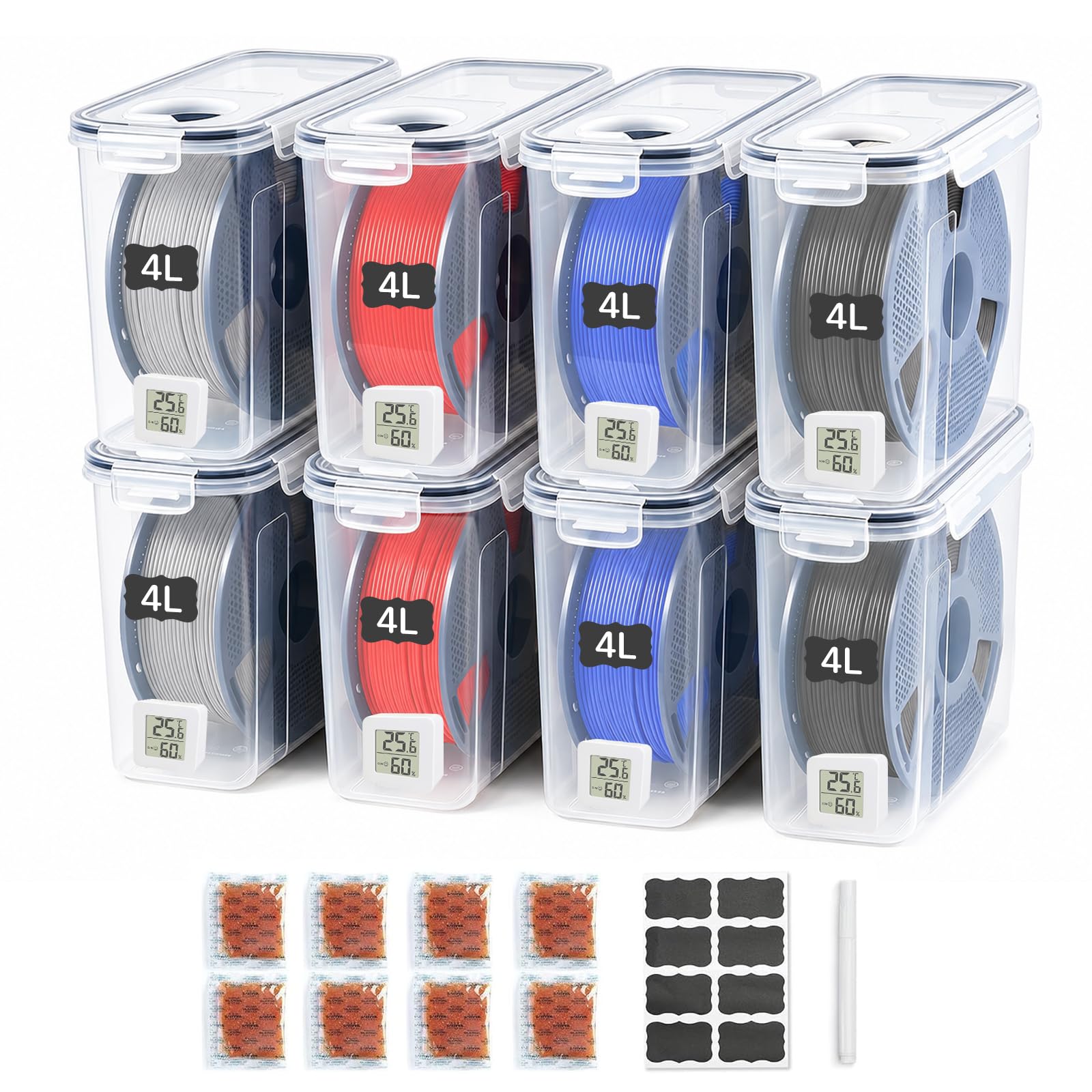 8 Stück Filament Aufbewahrungsbox mit Hygrometer für 3D Druck Filament,4L